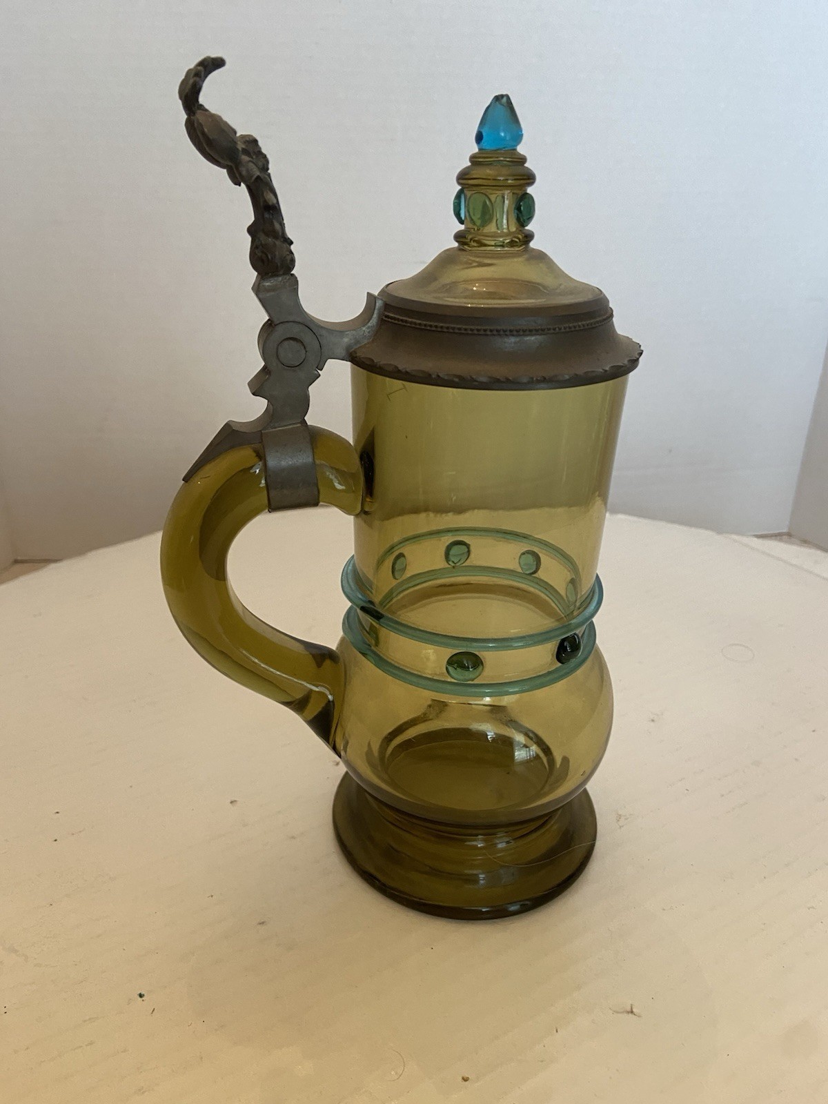 VTG German Bavarian Theresienthal Green Glass Beer Stein With Enamel Lid.