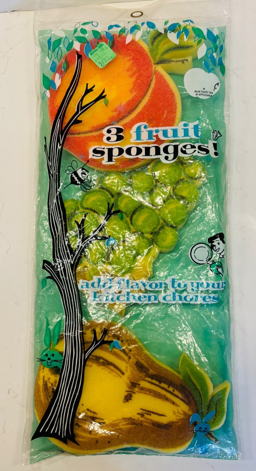 NOS CUTEVTG 60'S 3 FRUIT PRINTED DISHS SPONGES PEACH GREEN GRAPES&YELLOW PEAR