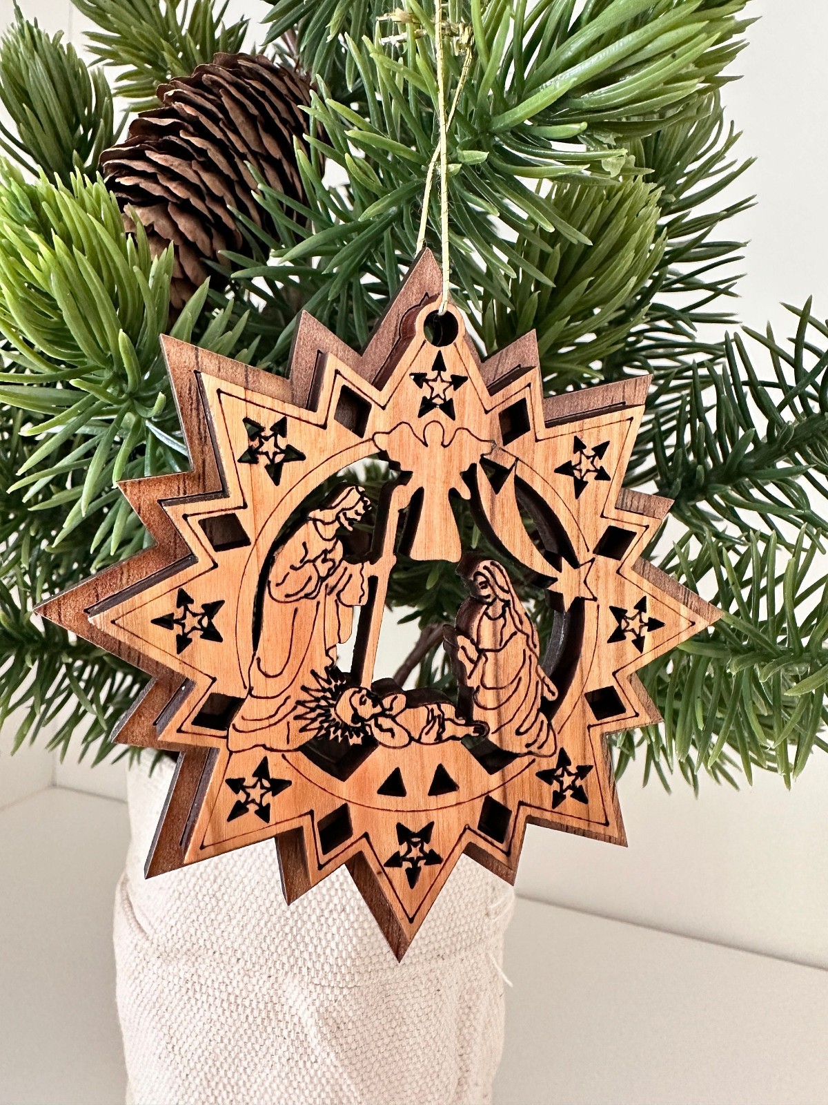Olive Wood Nativity Star Ornament Holy Family Christmas Tree Decoration