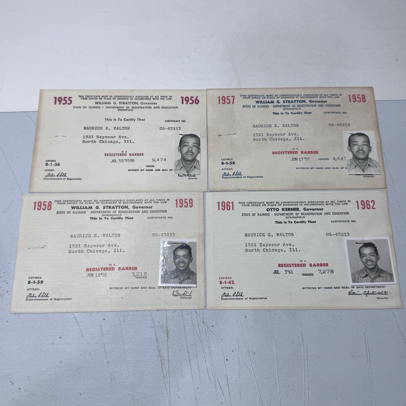 4 Rare Chicago African American Barber Barbershop Licenses W/Photograph 1955-61 4 Rare Chicago African American Barber Barbershop Licenses W/Photograph 1955-61