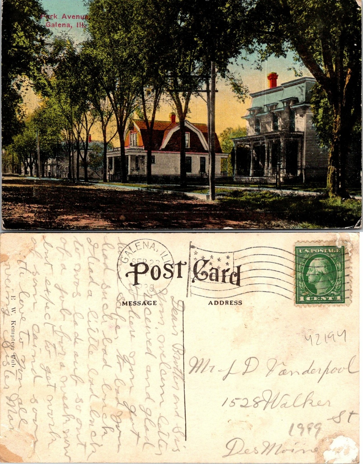 Galena Illinois Park Avenue Postcard Used (42194)