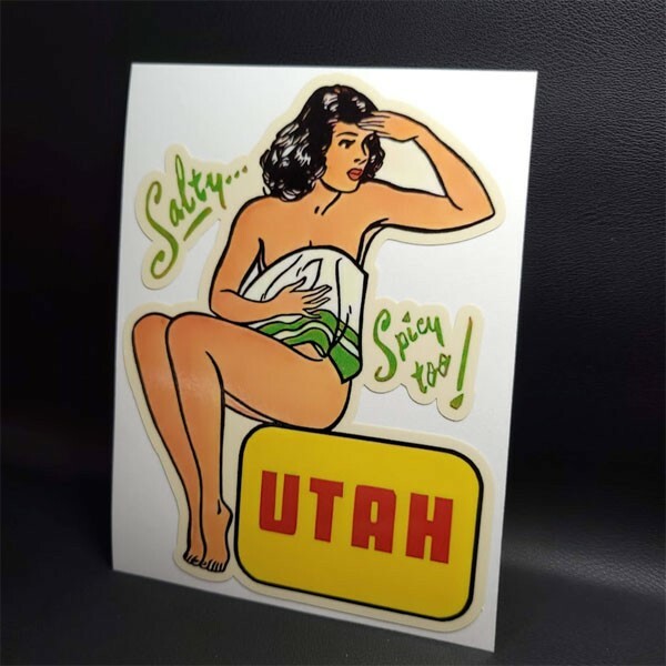 Utah Vintage Style Travel Decal, Pinup Girl Vinyl Sticker, Pin-Up, Luggage Label