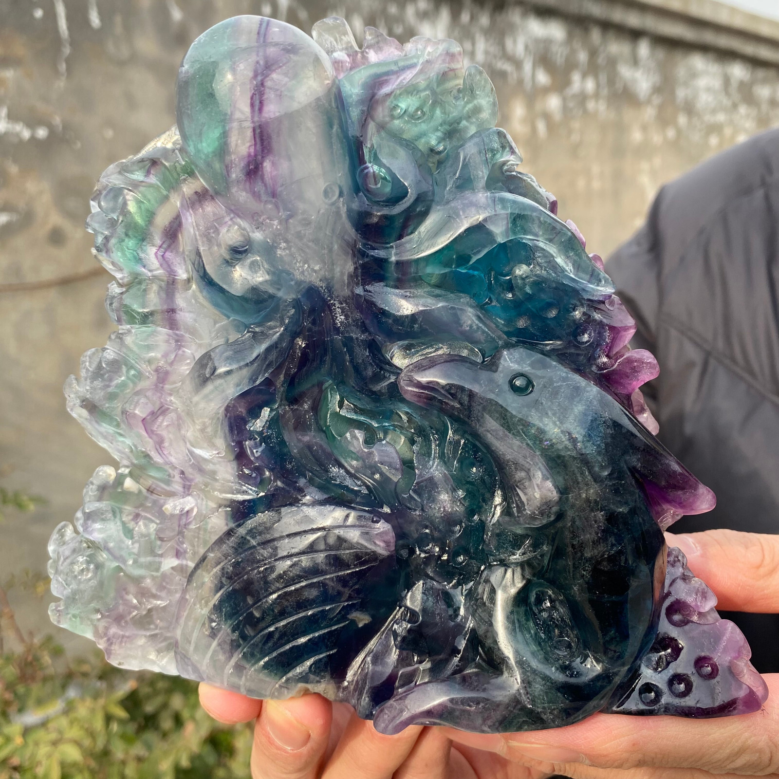 2.4lb Natural fluorite crystal, exquisite, hand carved display mineral specimens