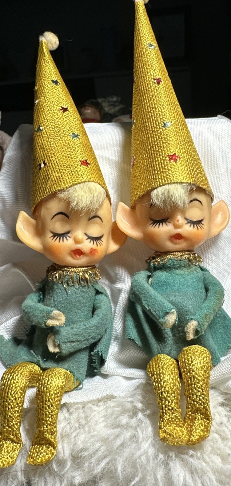 Vintage Knee Hugger Pixie Elves Christmas  Ornament Japan 1950's