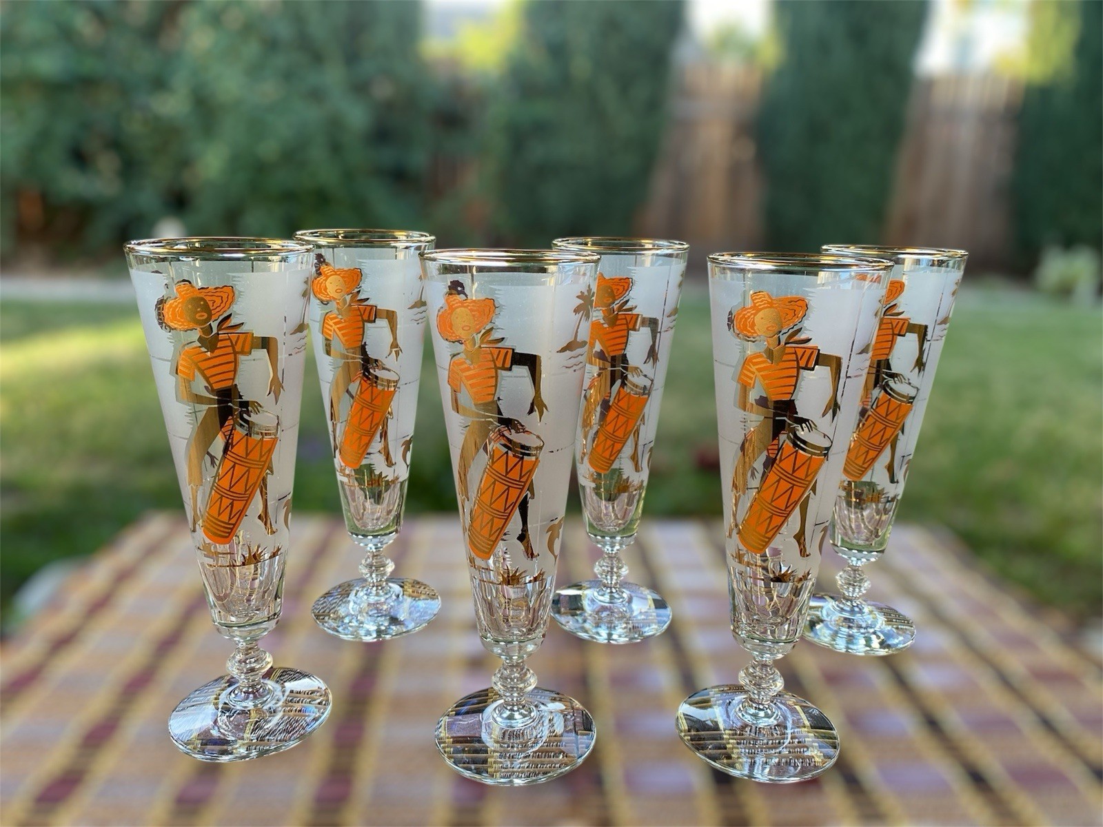 6 VTG MCM Libbey Caribbean Havana Calypso Dancers Tiki Pilsner Glasses 22K Gold