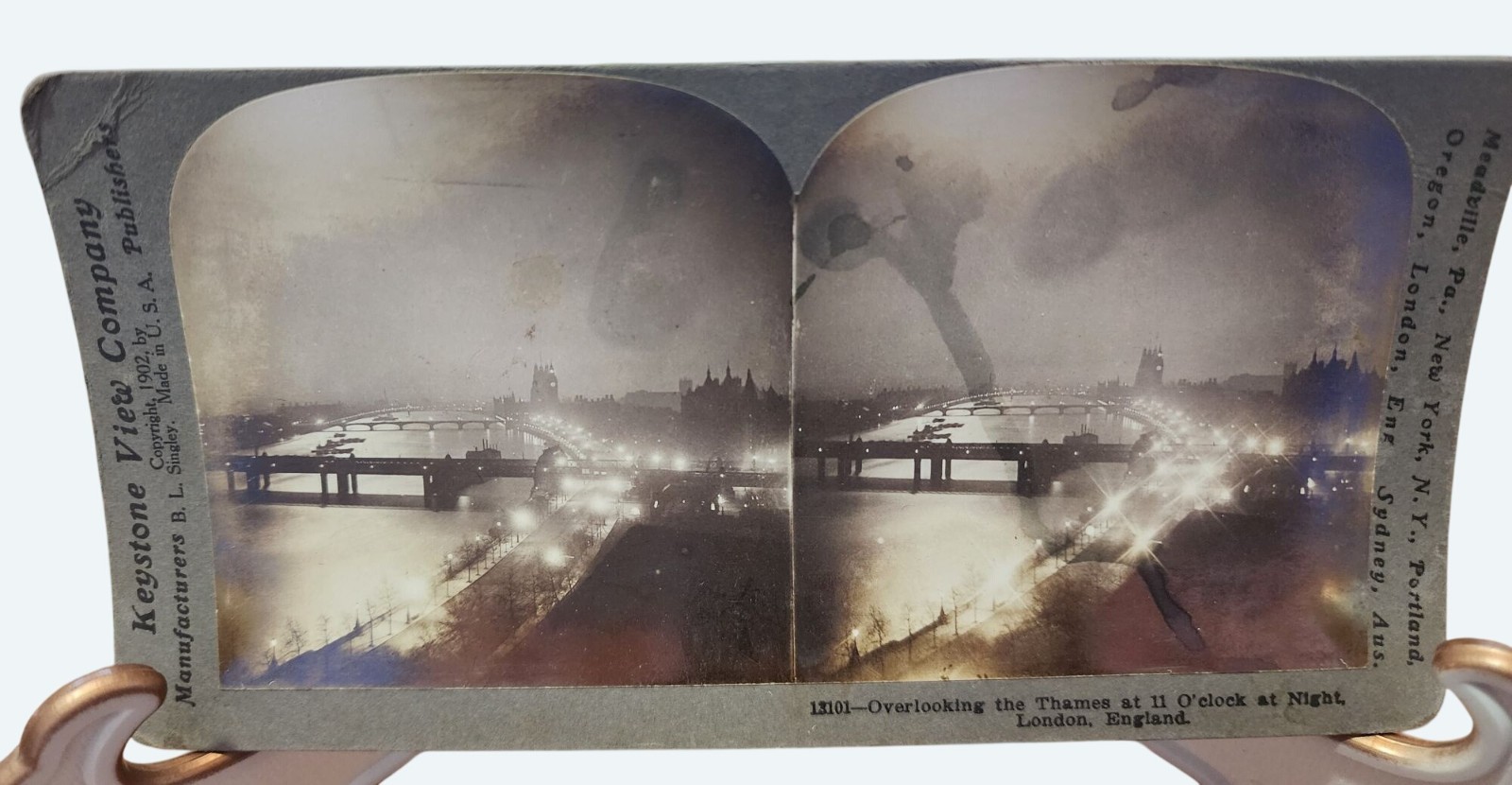 Antique 1902 Stereoview Overlooking Thames At 11 OClock At Night London England