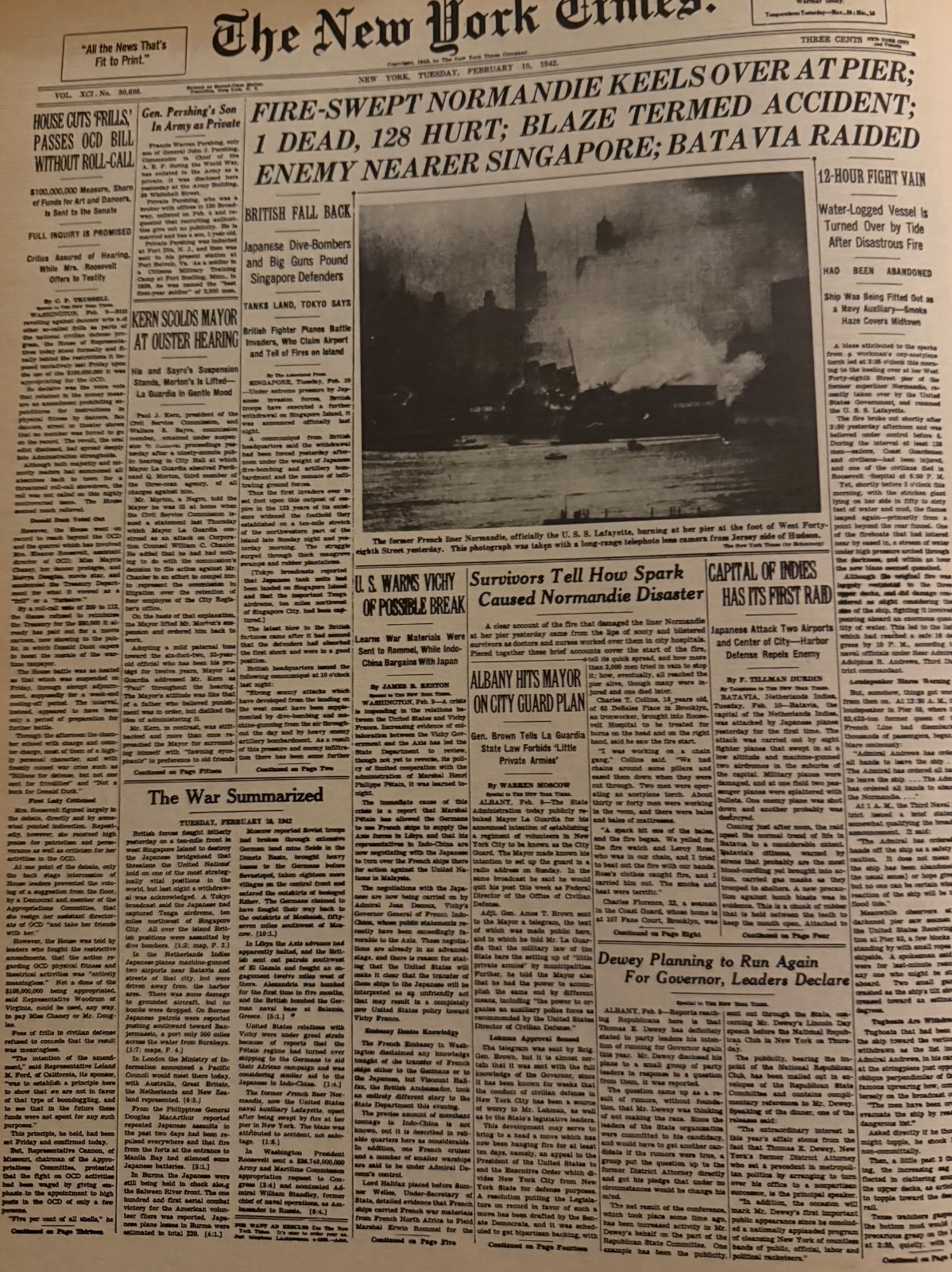 Vintage WW2Normandie ship disaster February 10, 1942 NEW YORK TIMES News Article