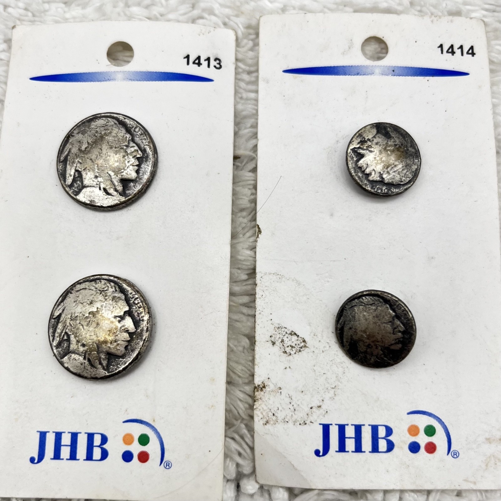 Vintage Indian Head Buttons 2 Nickel Size 2Dime Size on Card JHB Made in Italy