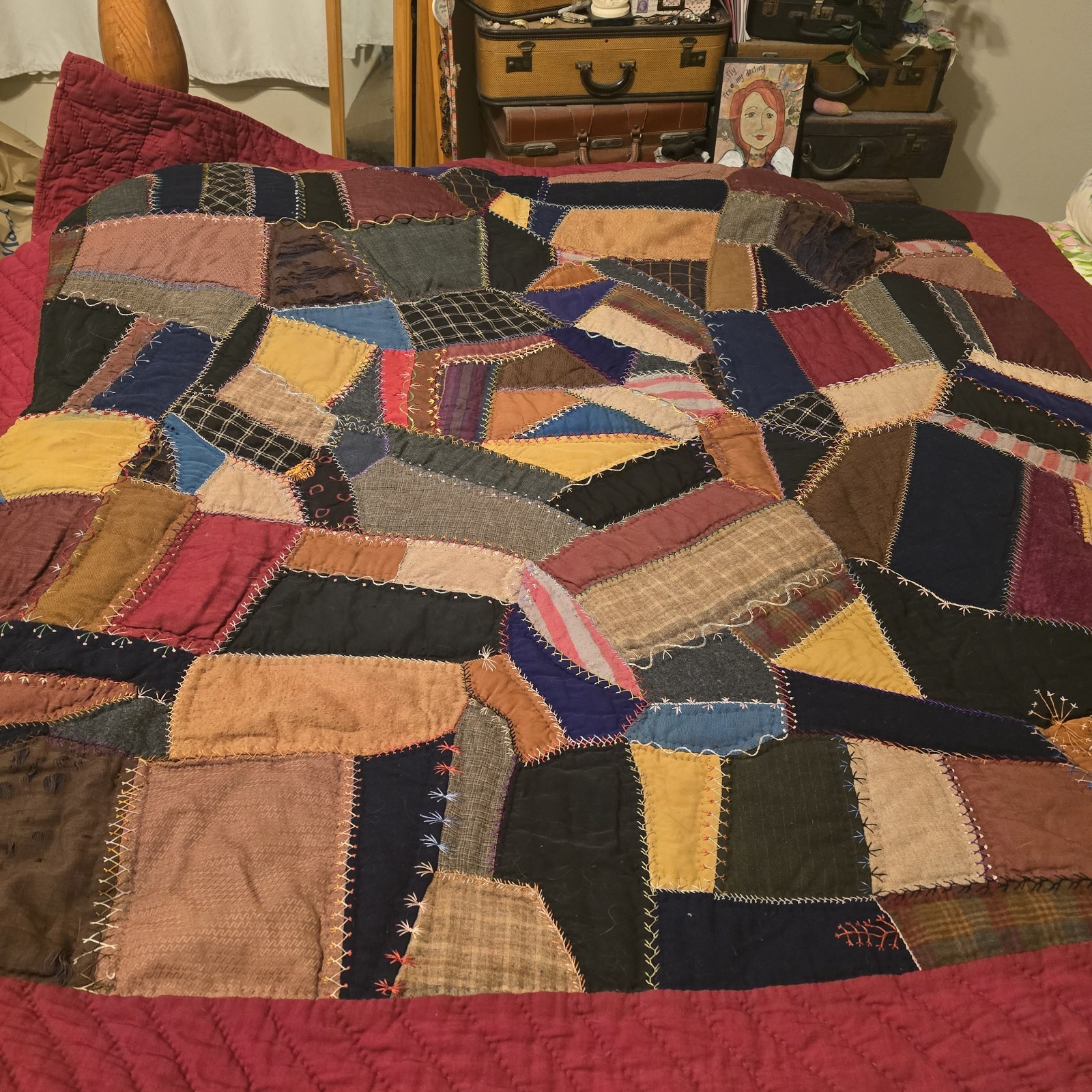Antique 1920s Wool Crazy Quilt Hand Embroidered Americana Folk Art