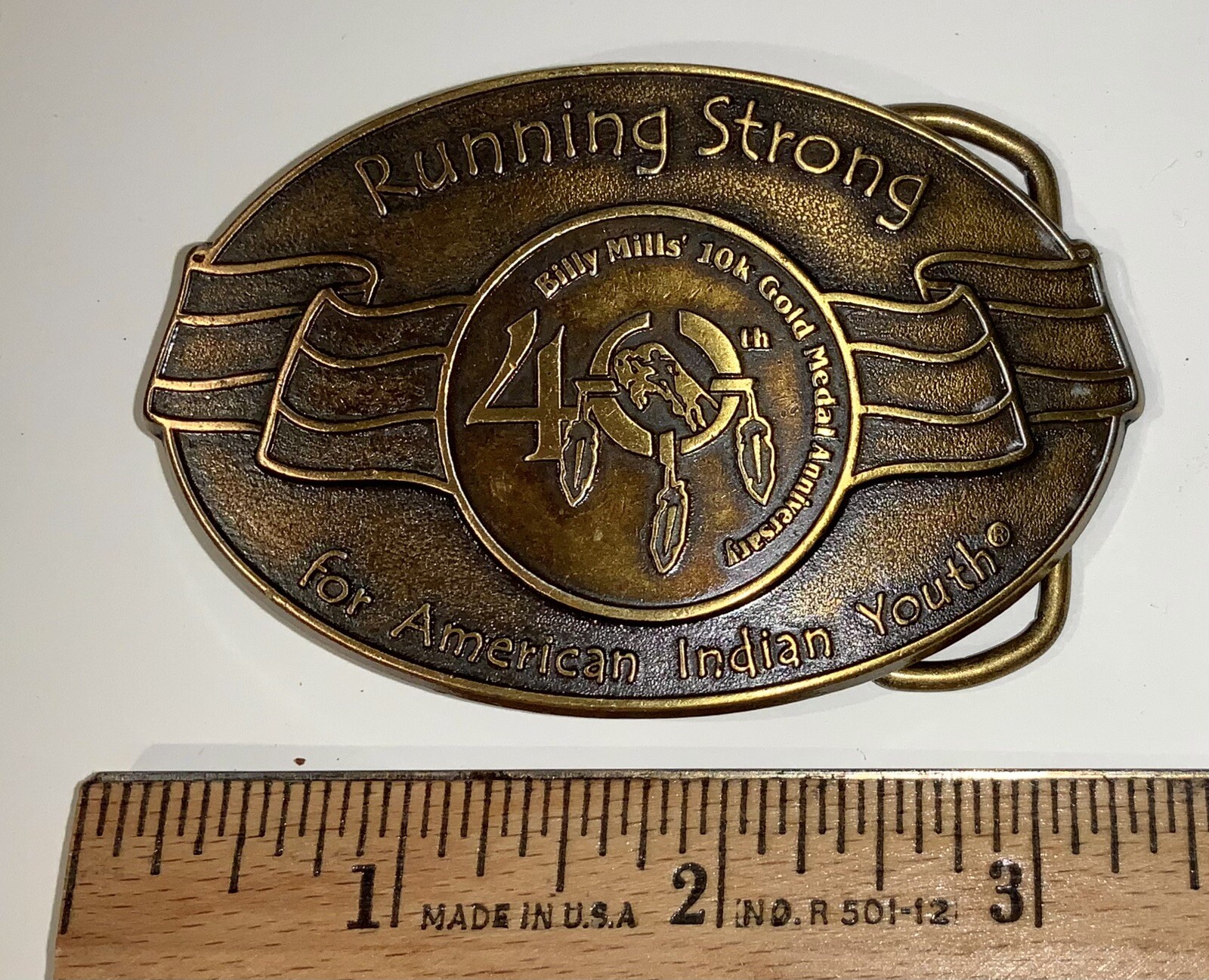 Running Strong Billy Mills 10K Gold Medal Belt Buckle