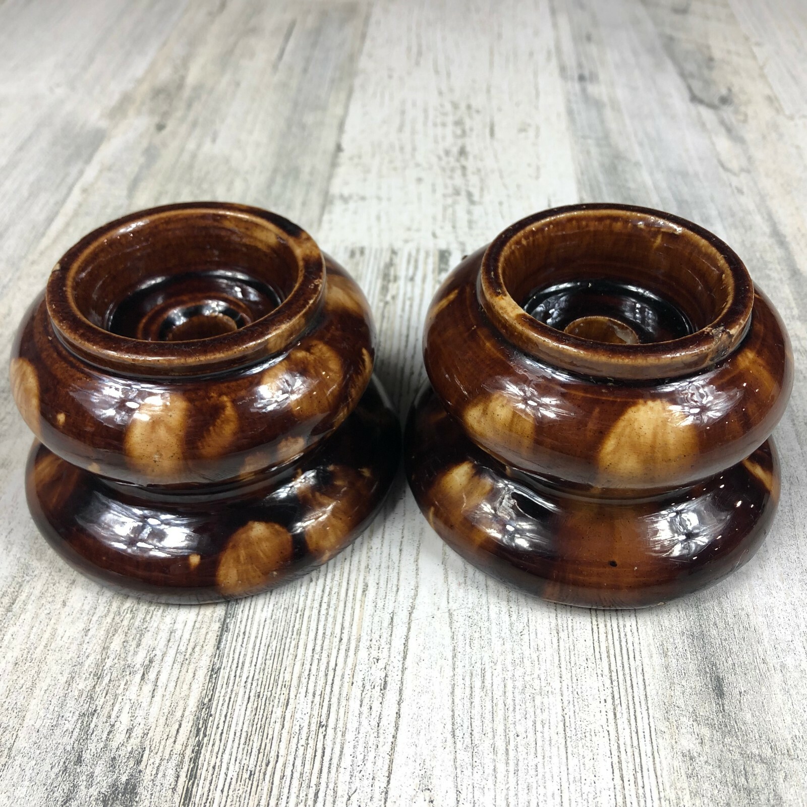 Antique Pair of Brown Glazed Pottery Candlesticks 4