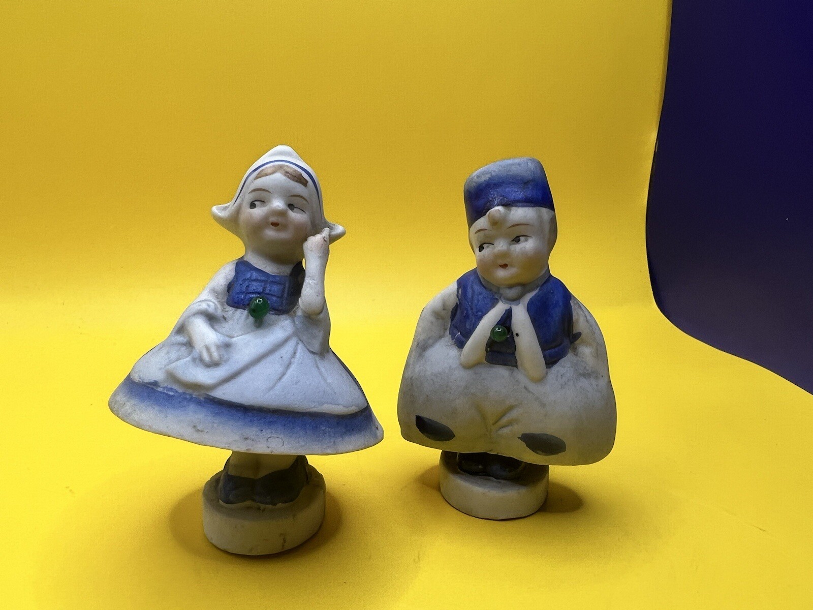 Vintage 1930\'s Bisque Figurine Cute Dutch Boy & Girl Bells NEAT