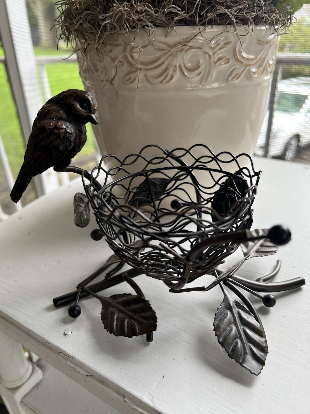 Vintage Metal Bird Nest Basket Sculpture Twig Branch Centerpiece Rustic Garden 
