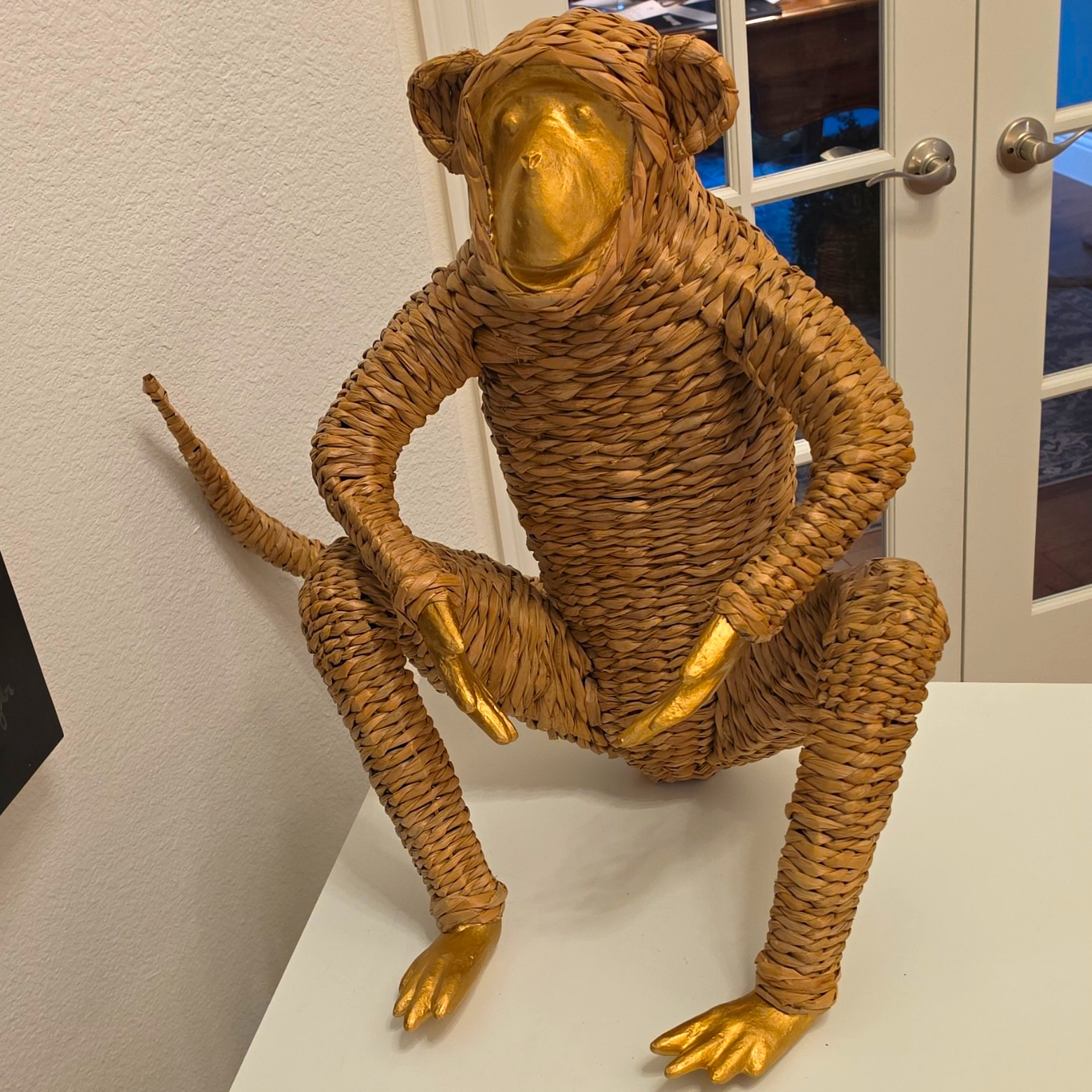 Large Woven Rattan Monkey Sculpture Boho Chic Tiki Tiki Decor Gold Accent