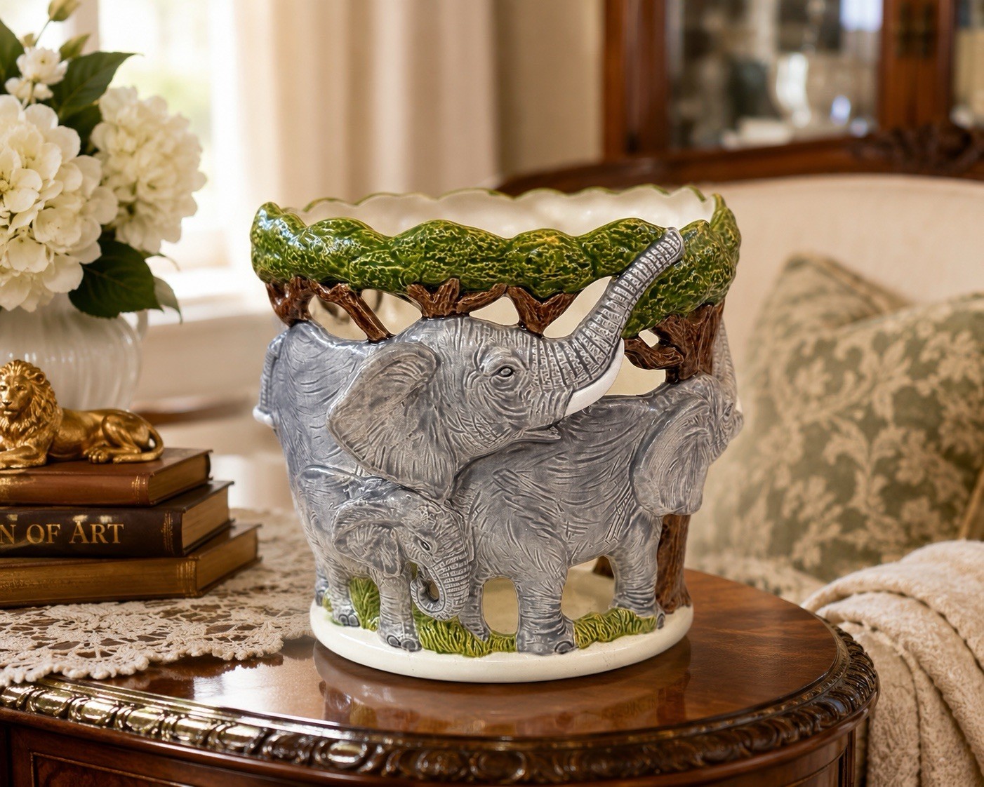 Vintage 3D Elephant Safari Planter Cachepot Bowl Ceramic Jungle Centerpiece