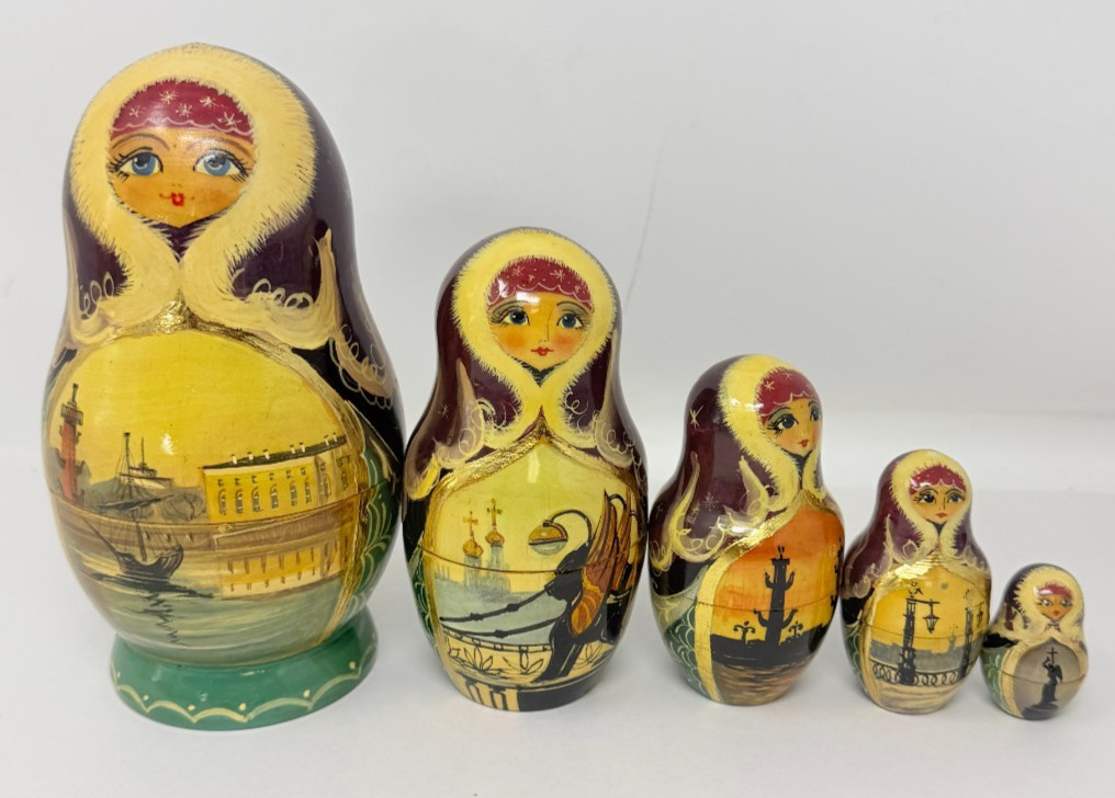 Hand Painted Matryoshka Russian Wood Nesting Doll Scenic Waterfront Set of 5
