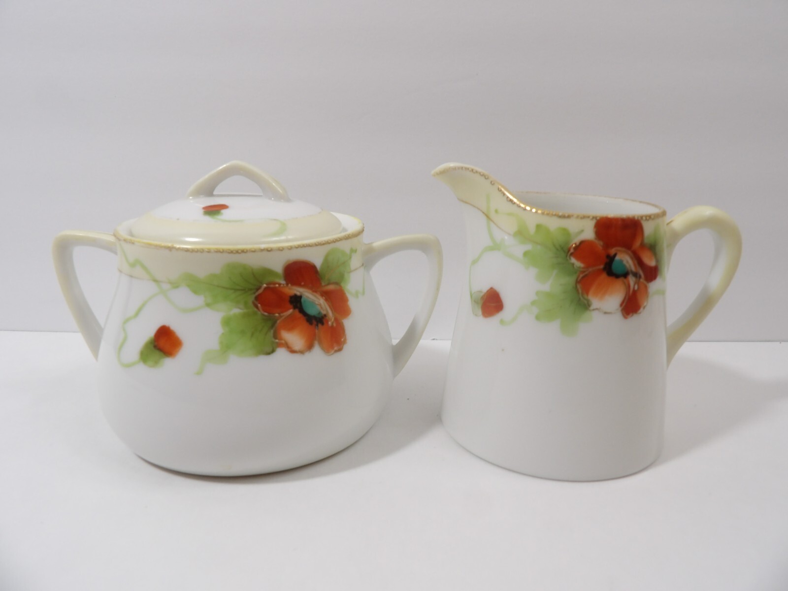 Nippon Fine Porcelain Hand Painted Floral Creamer & Sugar Bowl Set ~ Gold Trim