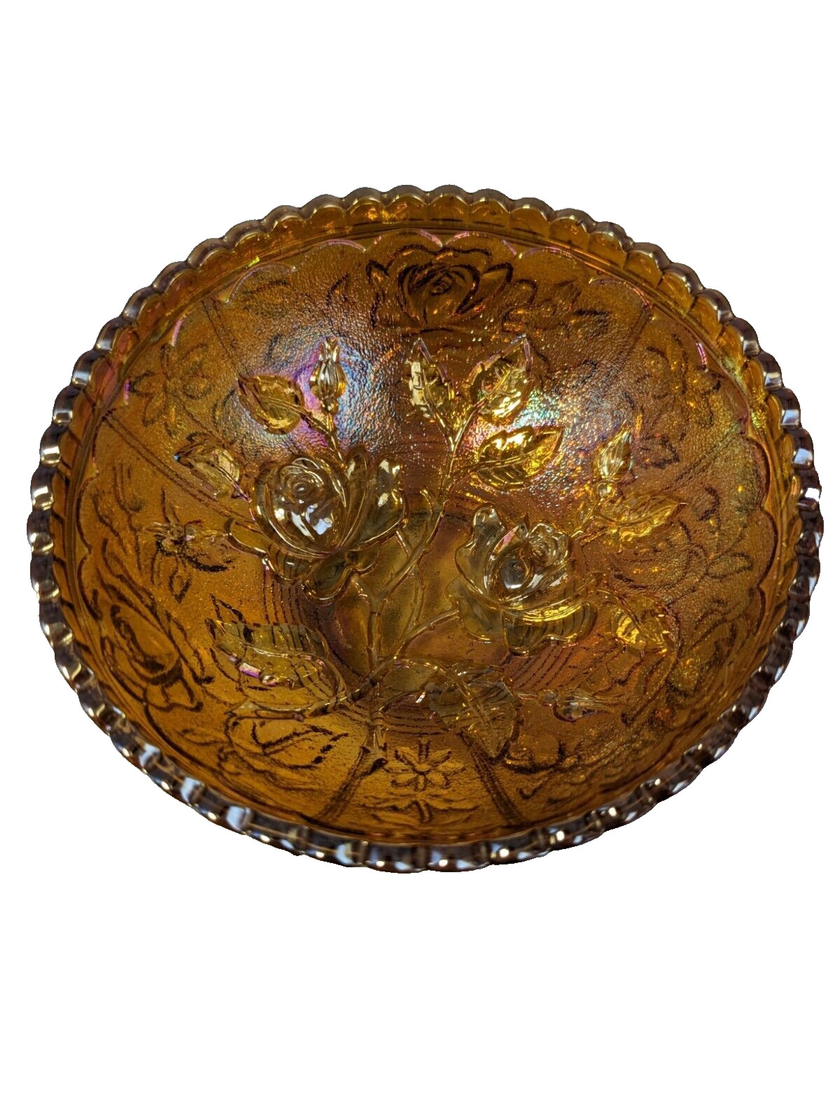 Vintage Imperial Open Rose Berry Bowl Carnival Glass Marigold