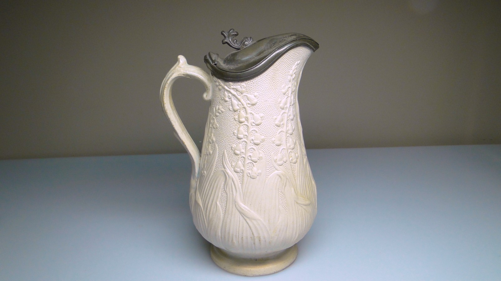 Antique Stoneware Lily of the Valley Pewter Lid Pitcher Jug Tankard