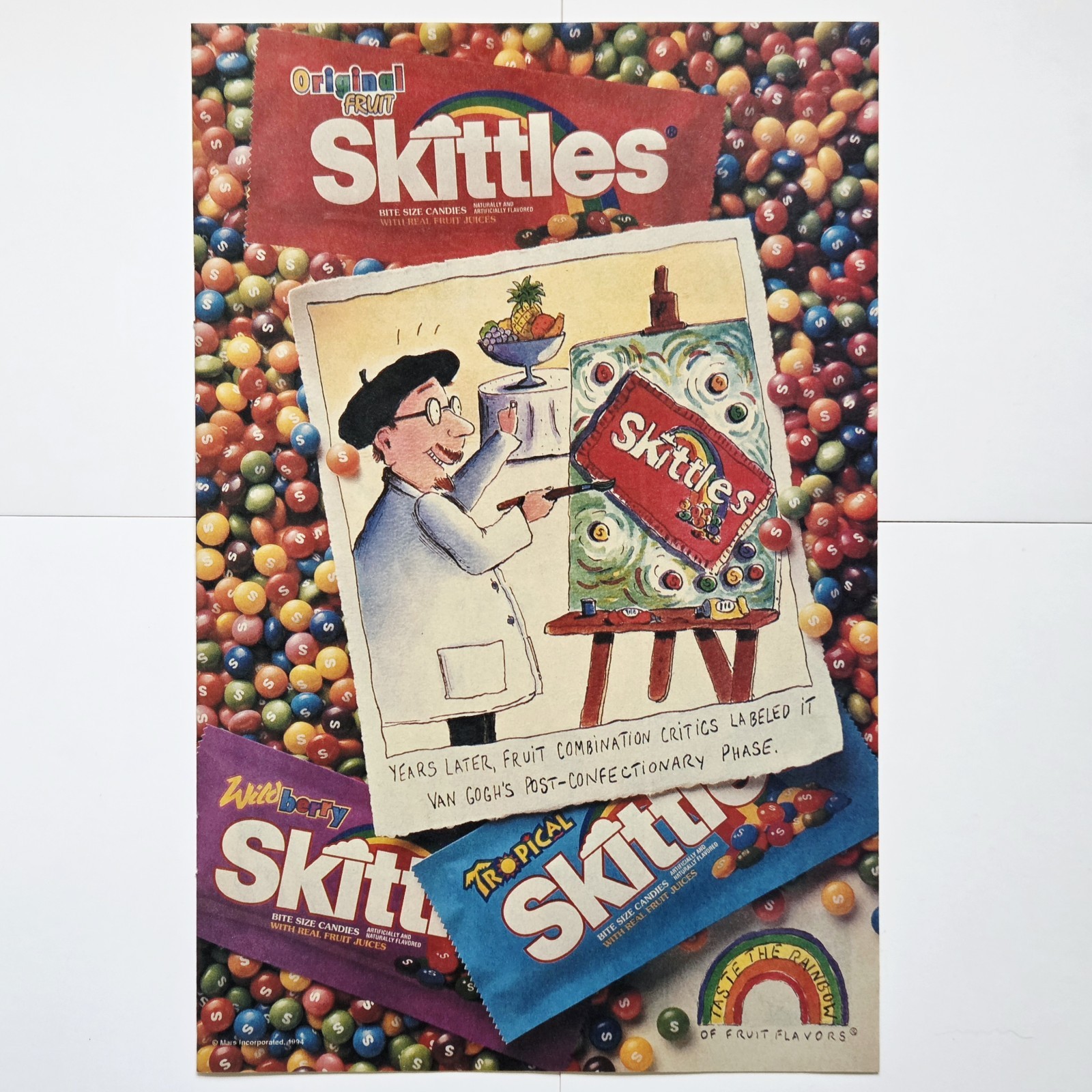 Vintage 1994 Skittles Candy Print Ad Van Gogh Art Parody Original 90\'s Retro 🌈 Vintage 1994 Skittles Candy Print Ad Van Gogh Art Parody Original 90\'s Retro 🌈