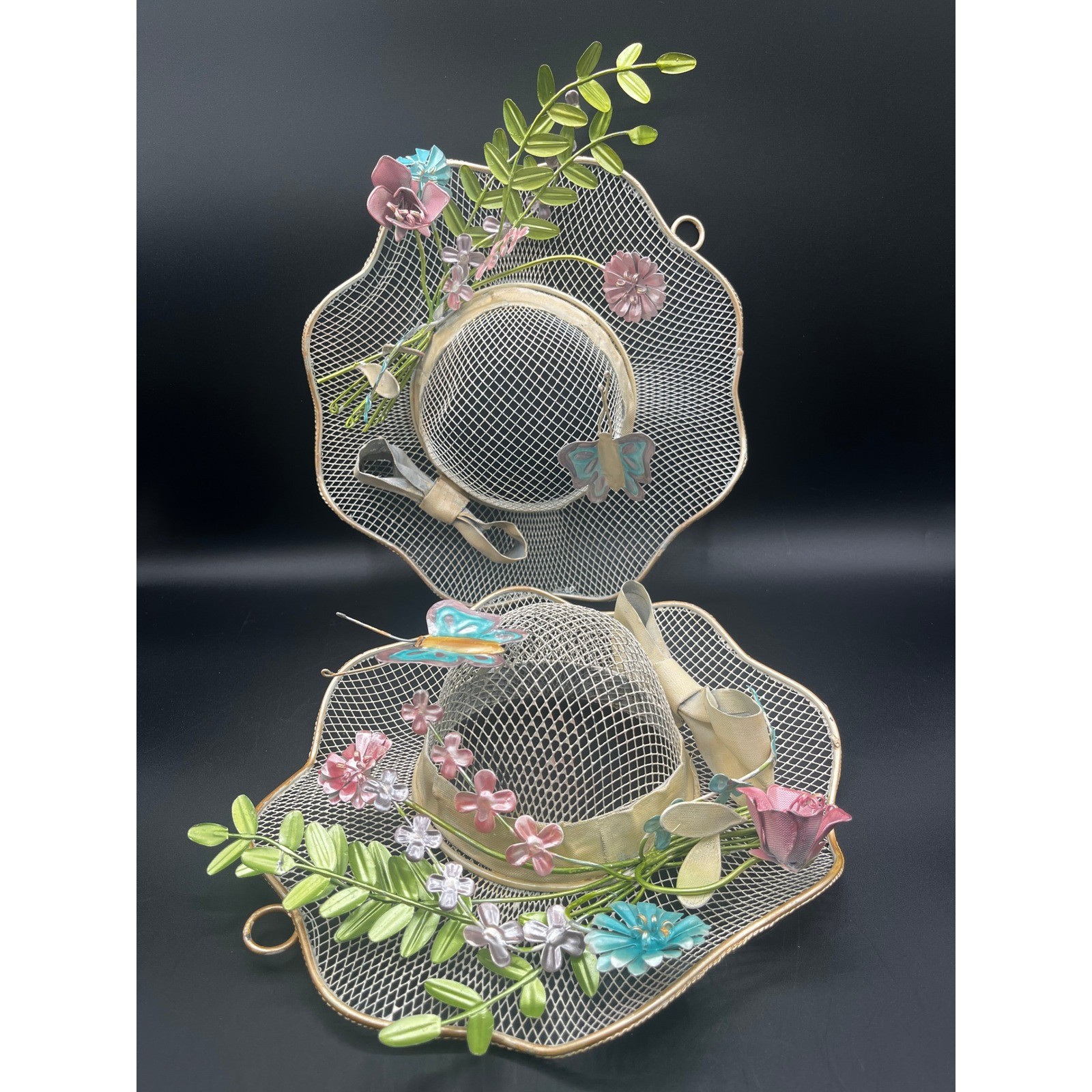 VTG Set Of 2 Wire Mesh Hats Gold Flowers and Butterflies Wall Decor Shabby Chic