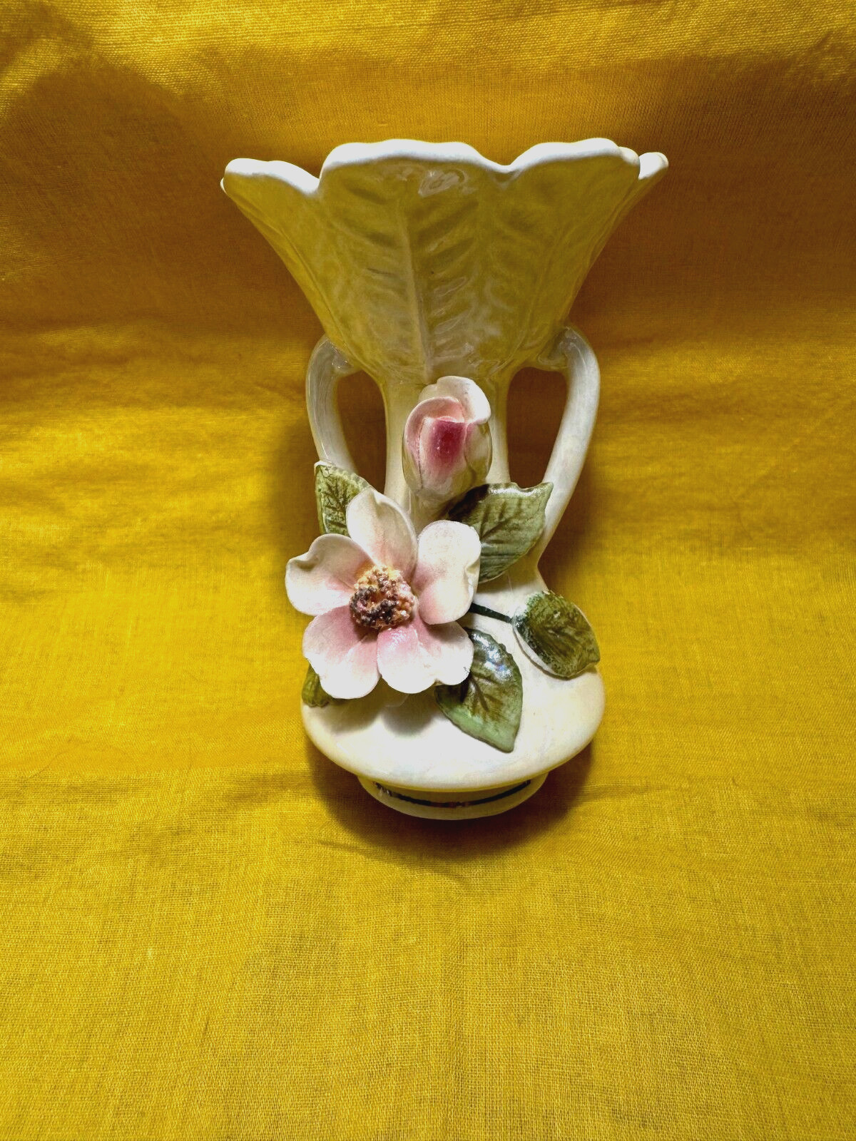 VINTAGE Norcrest Lusterware Vase w/ Rose & Leaves Iridescent Pearlized Porcelain