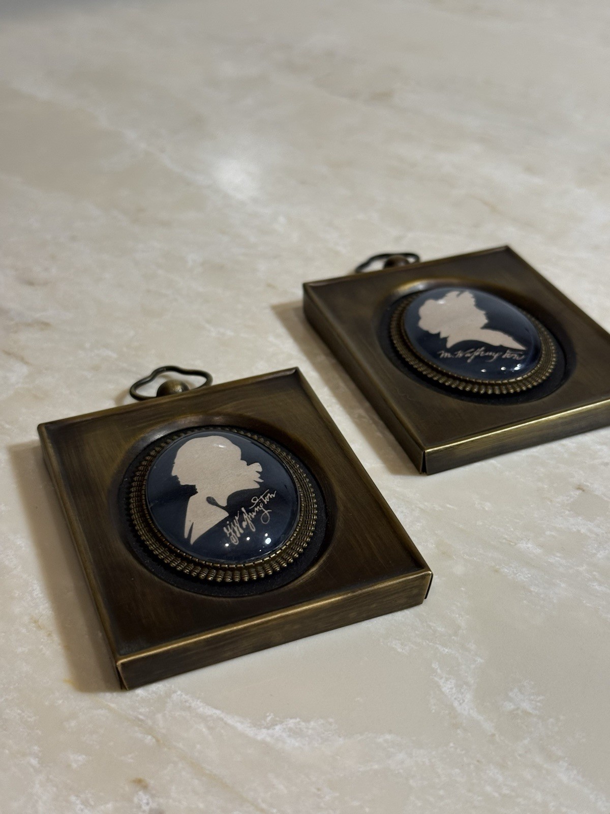 Vintage George & Martha Washington Silhouette Portrait Plaques Brass Tone Pair