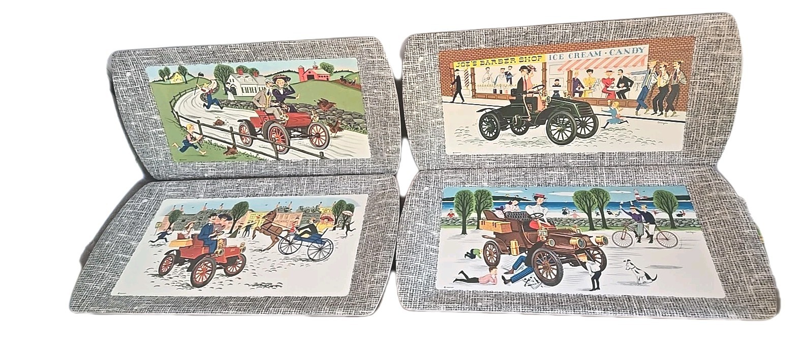 VINTAGE 1953 SET OF 4 KENTLEY ANTIQUE AUTO CAR SERVING TRAYS 8.5\
