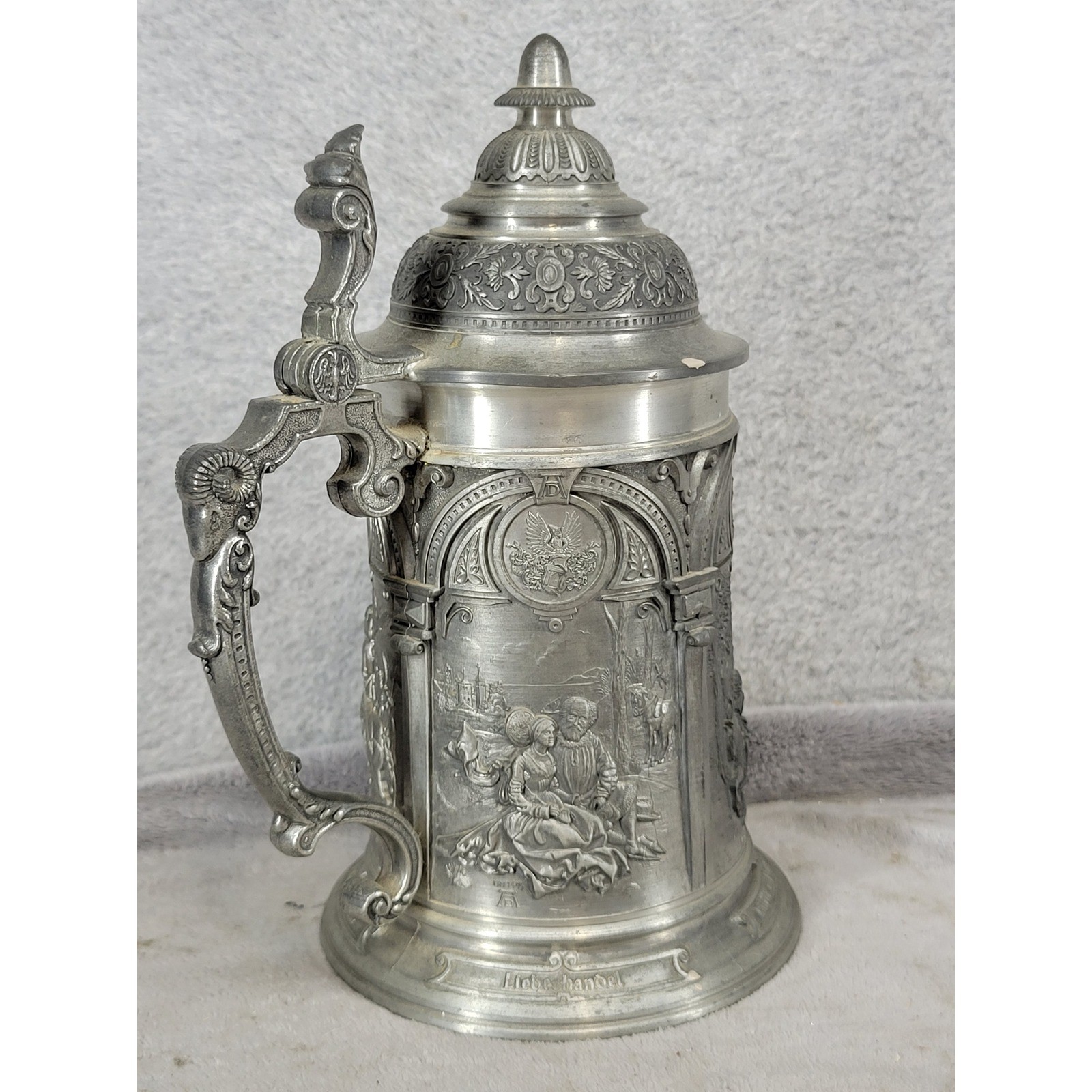 Vintage German Pewter Beer Stein Lidded Tankard Relief Scenes Ornate Metal 8.25\