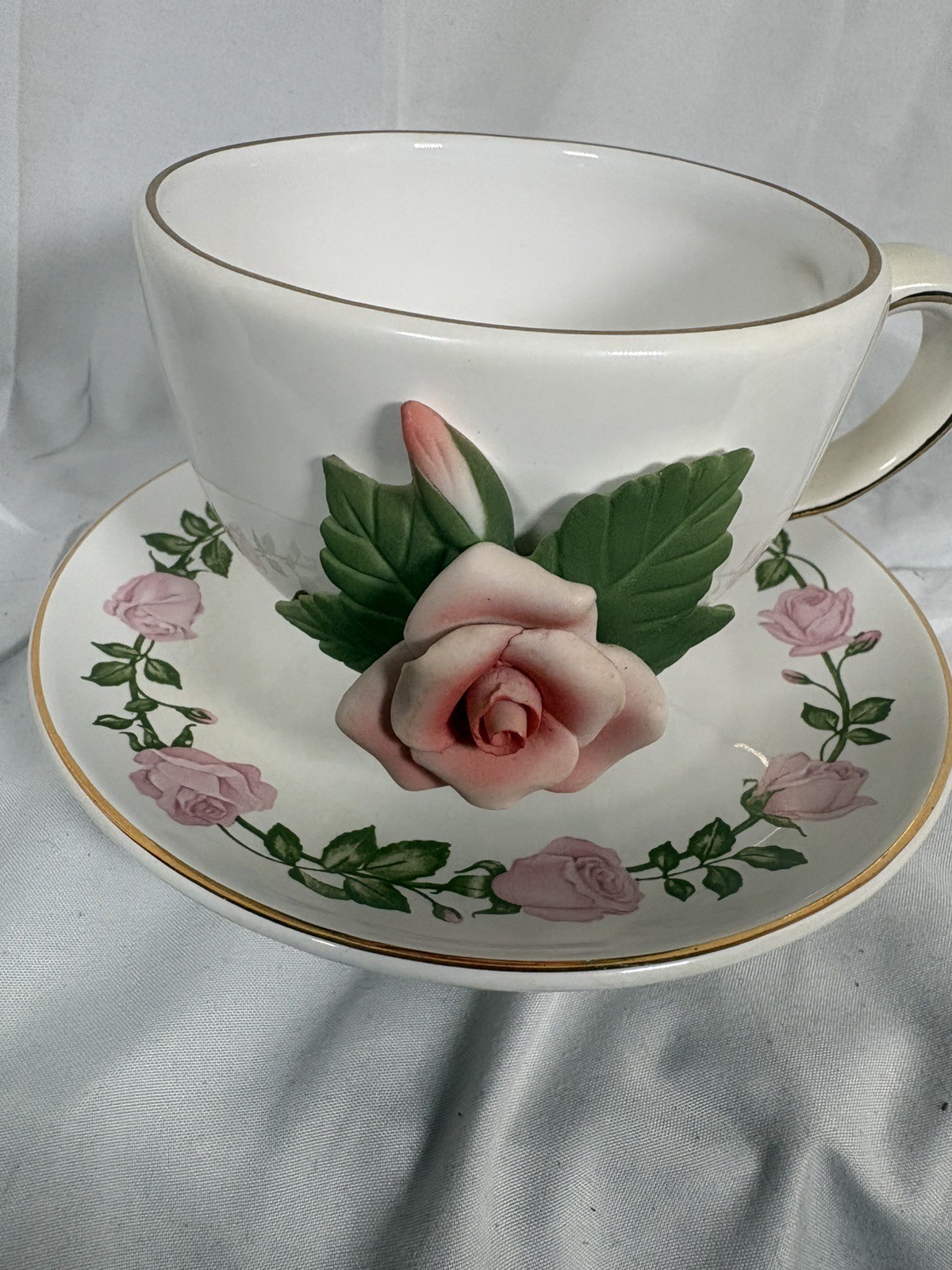 Vintage Teleflora Gifts 3D Pink Carnation Tea Cup & Saucer Set