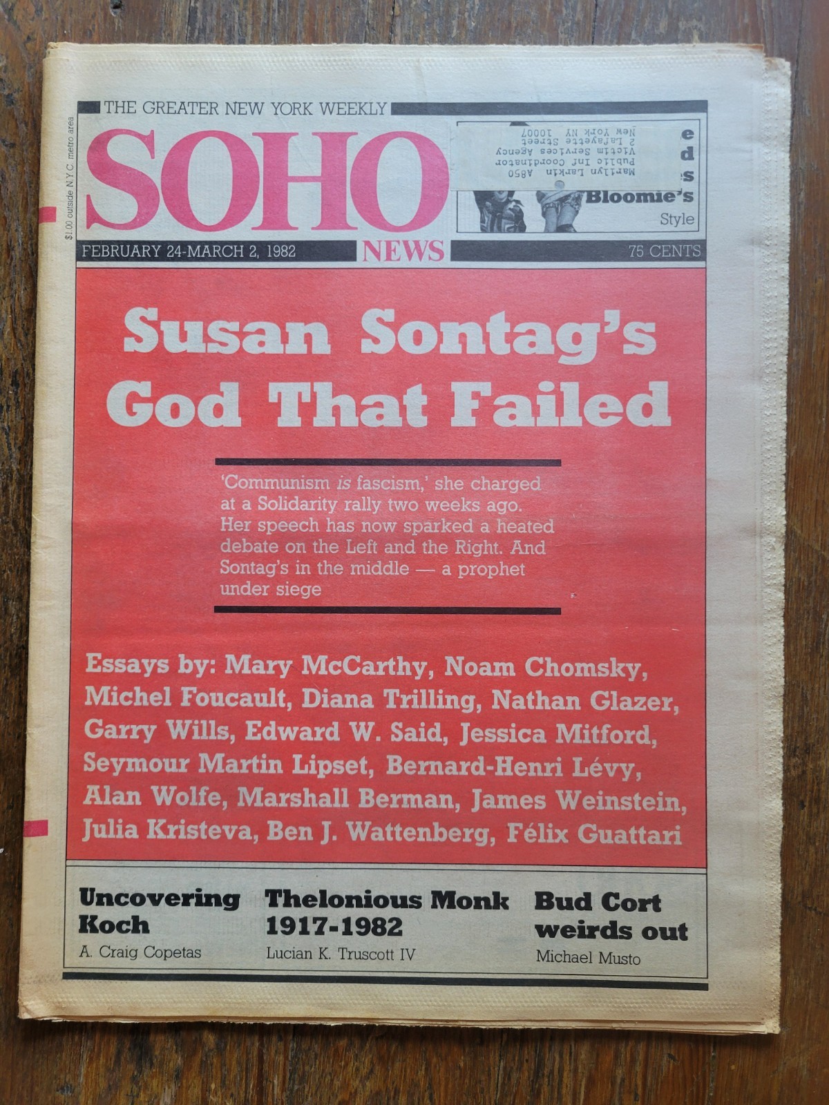 Soho News, NYC, Feb 24-Mar 2, 1982, Susan Sontag, Thelonius Monk, Bud Cort Soho News, NYC, Feb 24-Mar 2, 1982, Susan Sontag, Thelonius Monk, Bud Cort