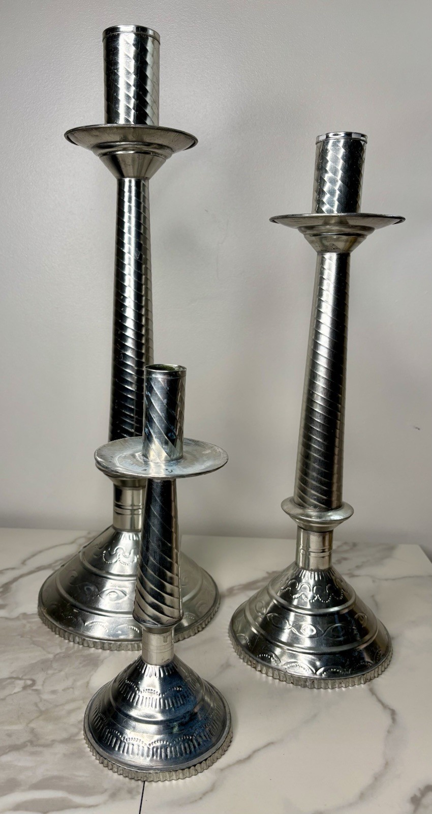 3- Unique Vintage Spanish Forged Silver Forged Tin Candlestick Trio Weighted 3- Unique Vintage Spanish Forged Silver Forged Tin Candlestick Trio Weighted