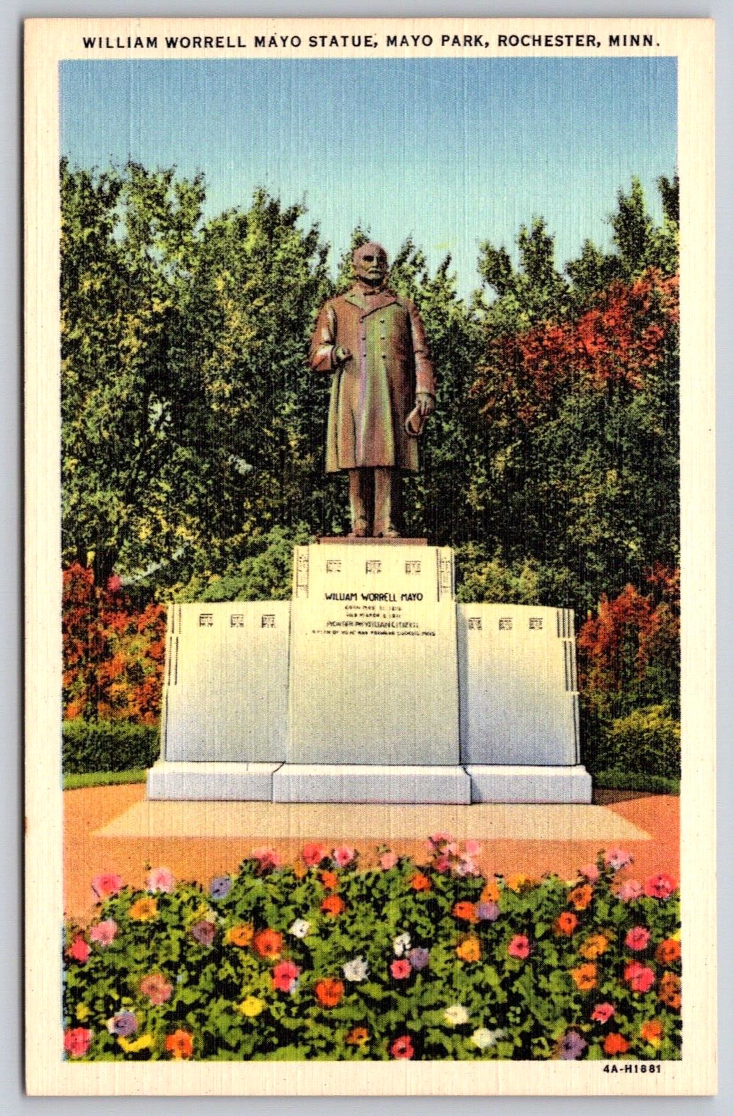 Postcard William Worrell Mayo Statue Mayo Park Rochester Minnesota 1934