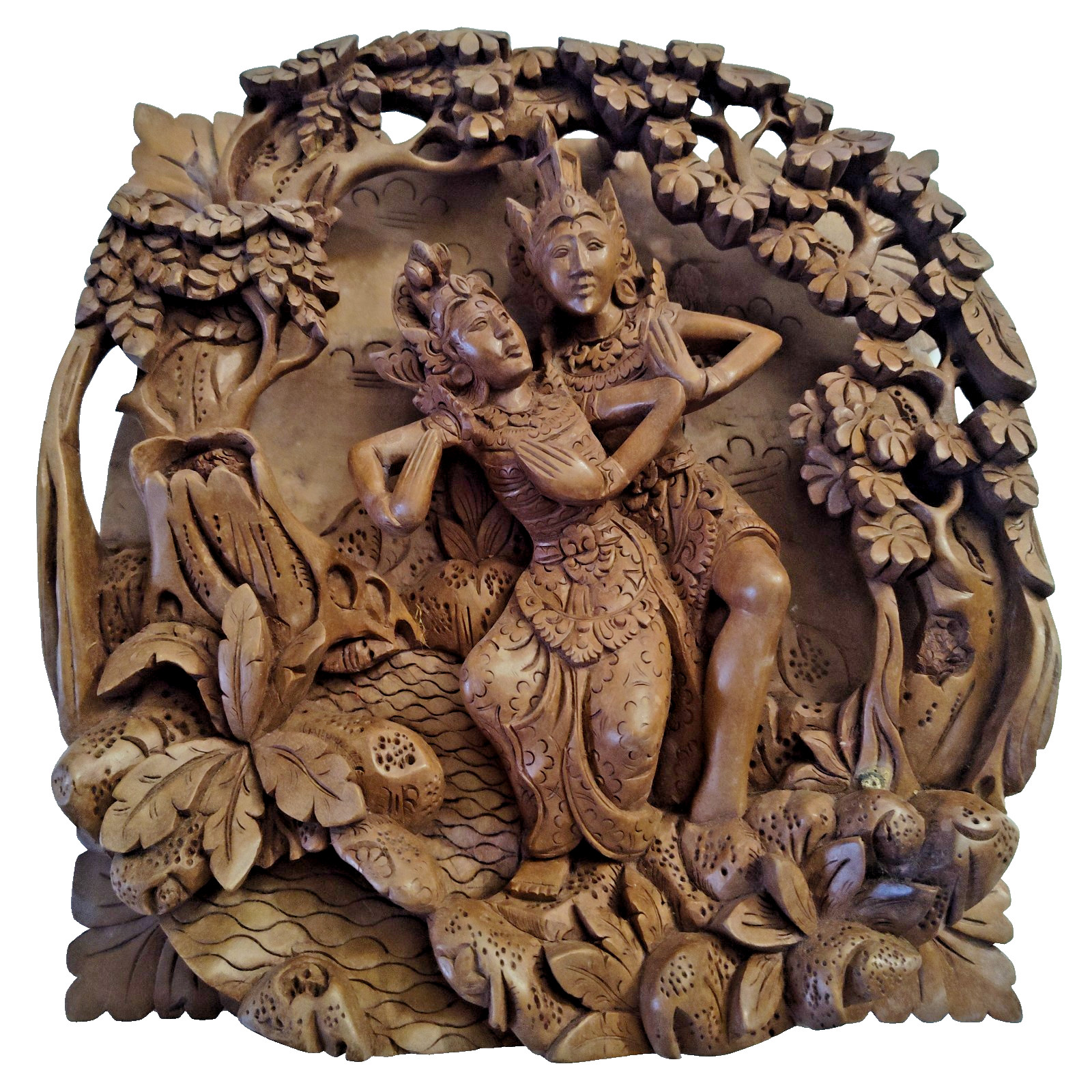 VTG Balinese Hand Carved Wood Wall Panel Plaque Rama Sita Ramayana Art