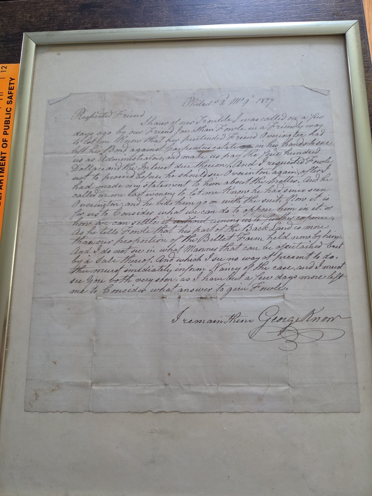Rare 1827 Handwritten Historical Letter - Framed