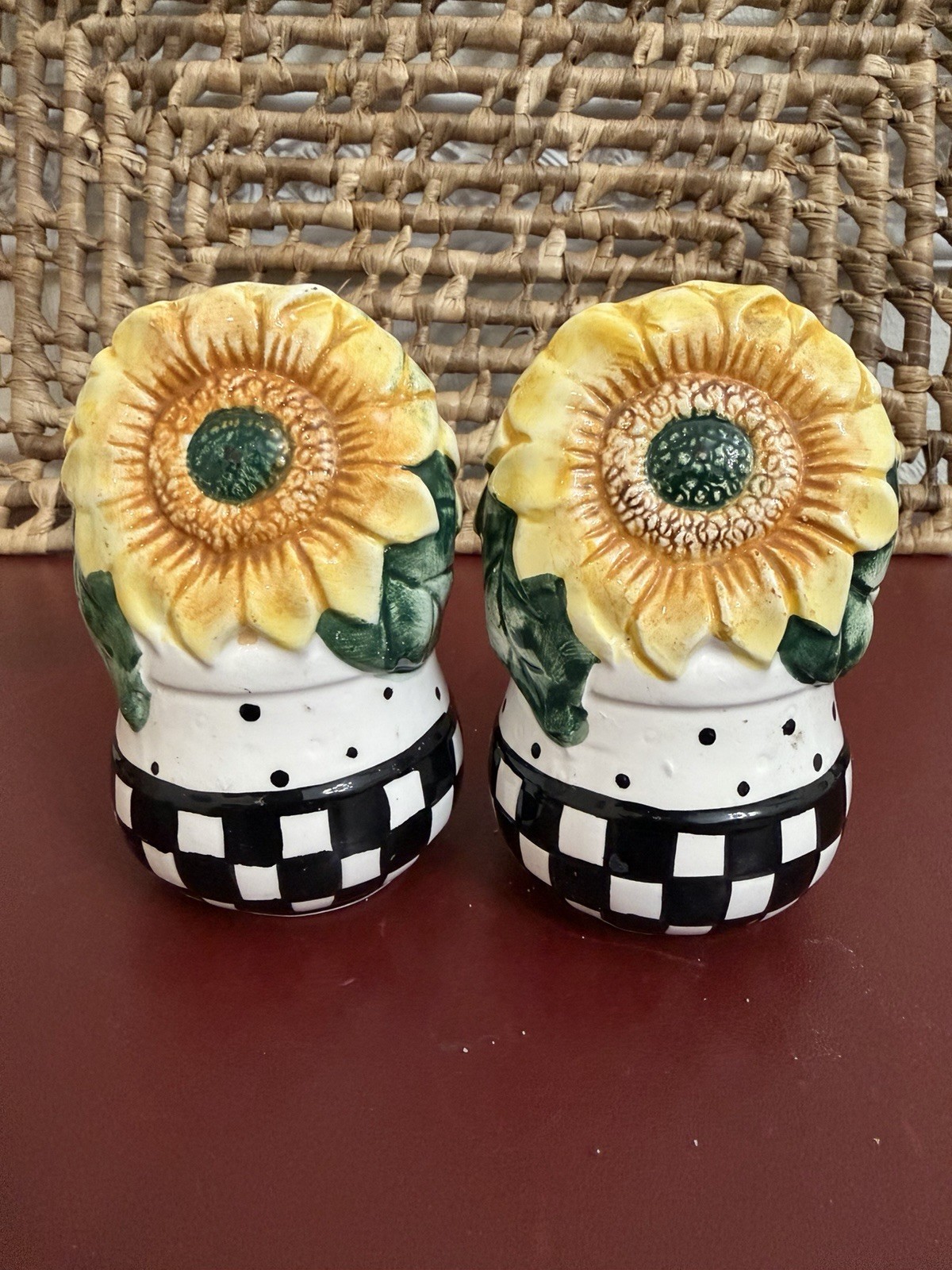Vintage Sunflower Ceramic Salt and Pepper Shakers Checkered Polka Dot Whimsical