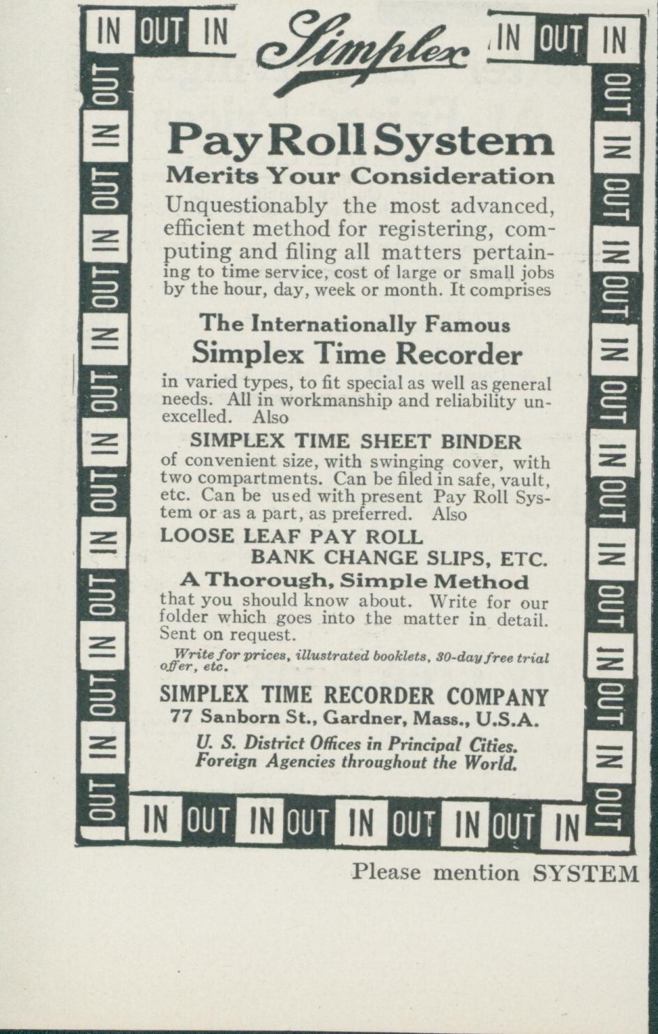 1913 Simplex Pay Roll System Time Recorder Sheet Binder Simple Method Ad SY1