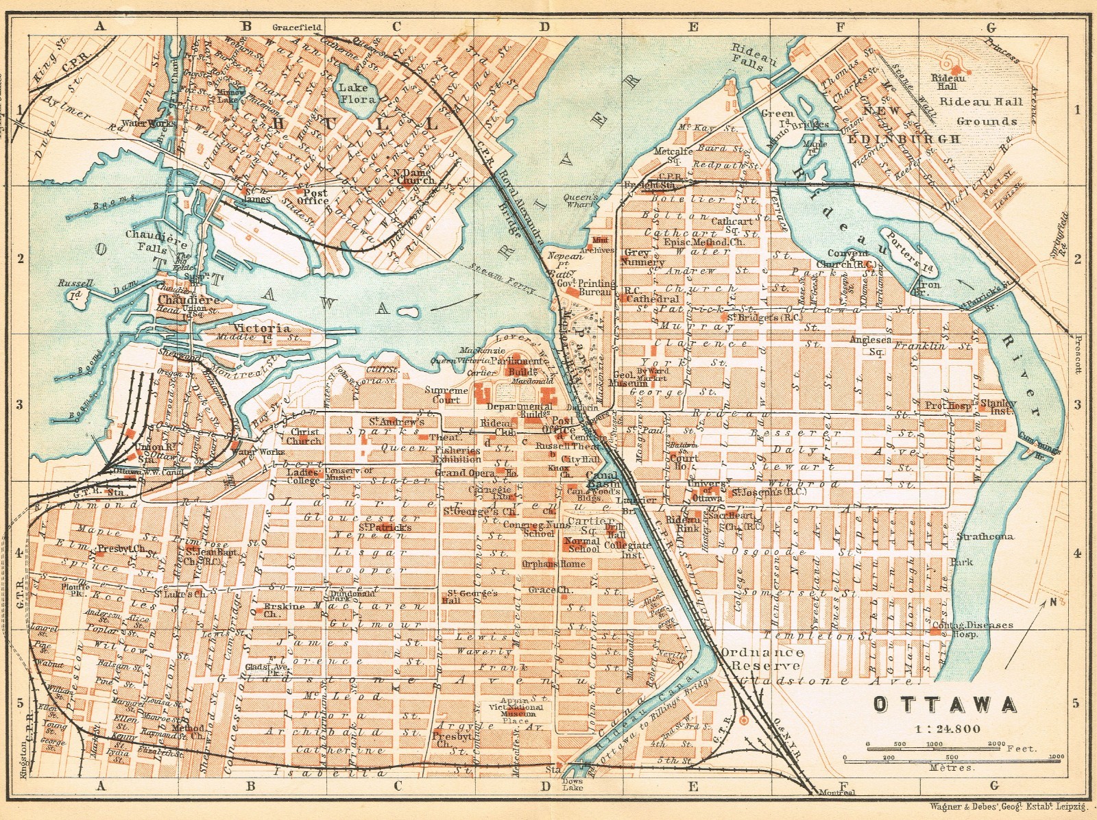 OTTAWA 1907 Original  Map Antique detailed map CANADA QUEBEC Hull Rideau