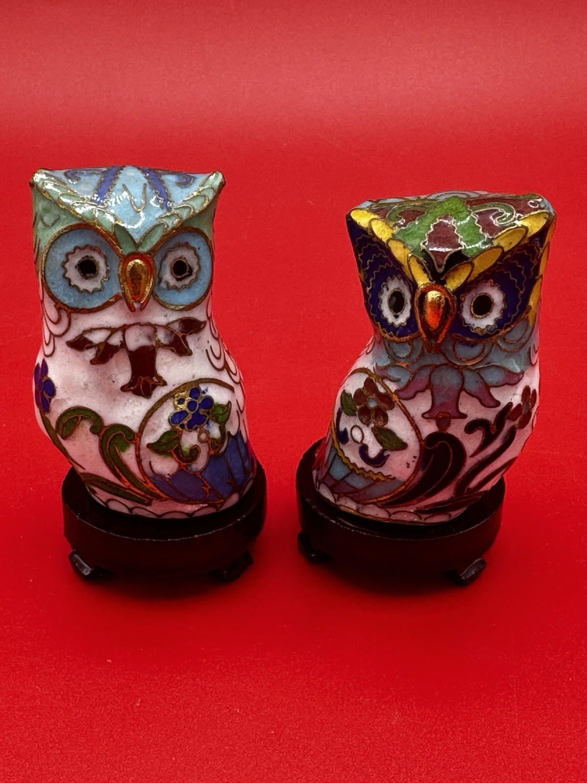 Vintage Chinese Cloisonne Owl Figurines Pair Enamel Brass Wood Stands