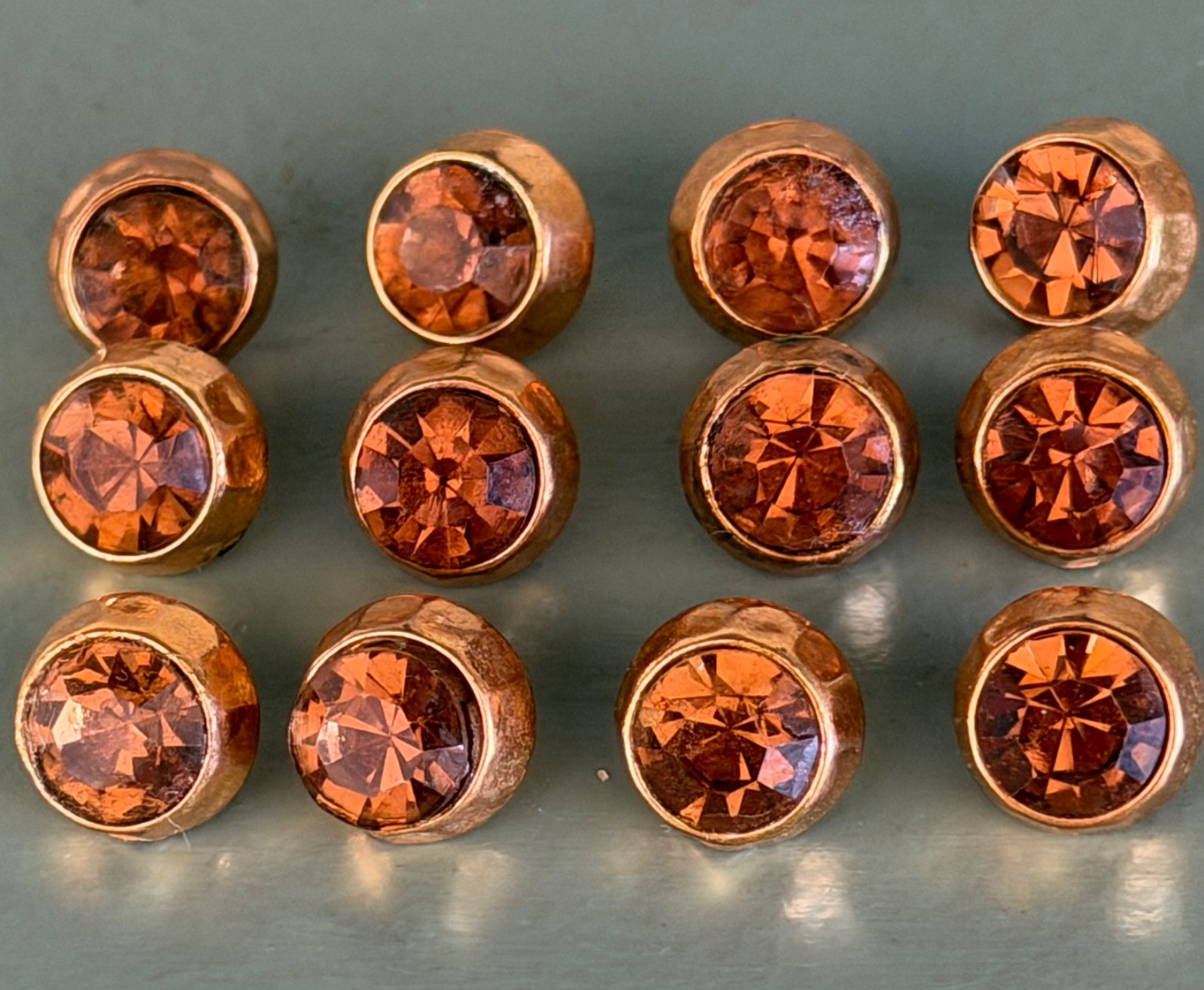 Stunning Matching Set (12) 1940s Faceted Topaz Glass GoldTone Shank Buttons 5/8\