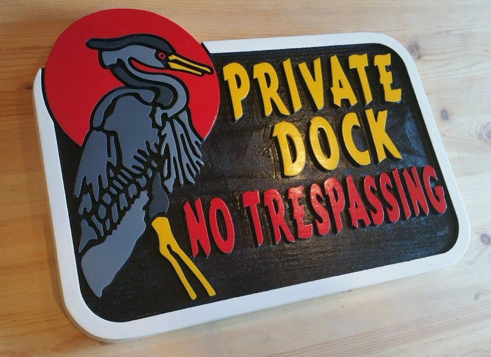 Heron Private Dock Custom Sign No Trespassing 3D routed wood Tiki Custom carved