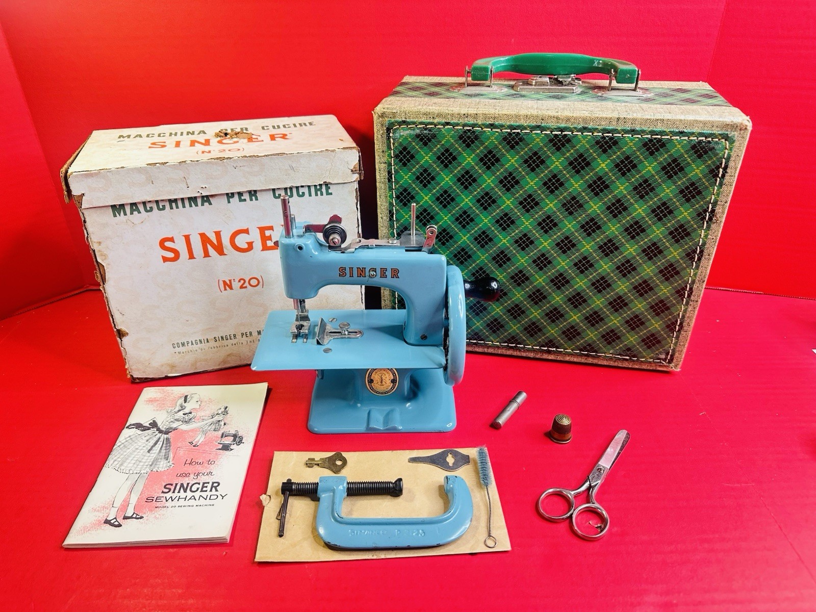 RARE Italian Azure Blue Singer 20 Sewhandy Sewing Machine Plaid Case Orig Box ++