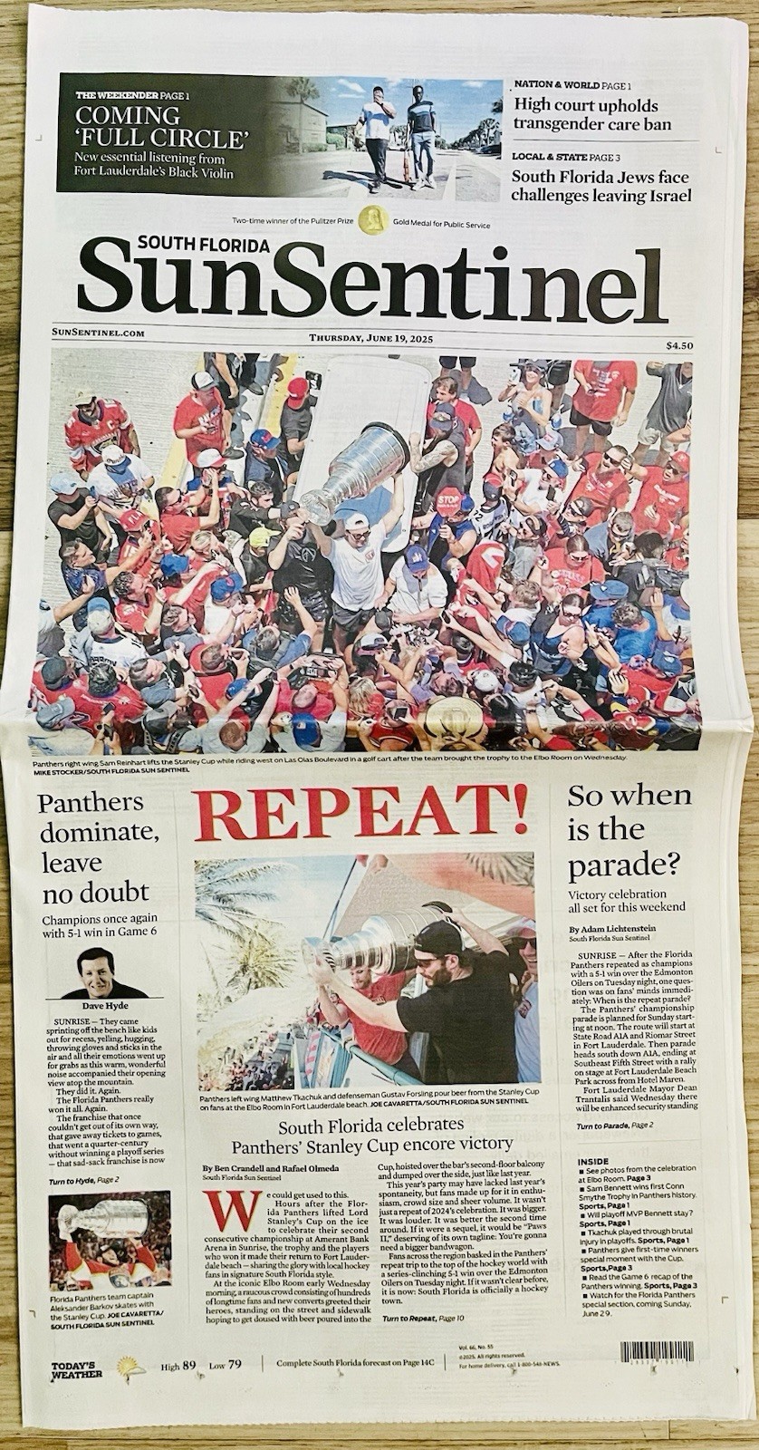 🏆FLORIDA PANTHERS 2025 (REPEAT) CHAMPIONS SUN SENTINEL NEWSPAPER