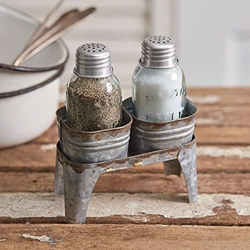 Wash Bin Salt & Pepper Shaker Glass Set Caddy Holder - Farmhouse Country Decor