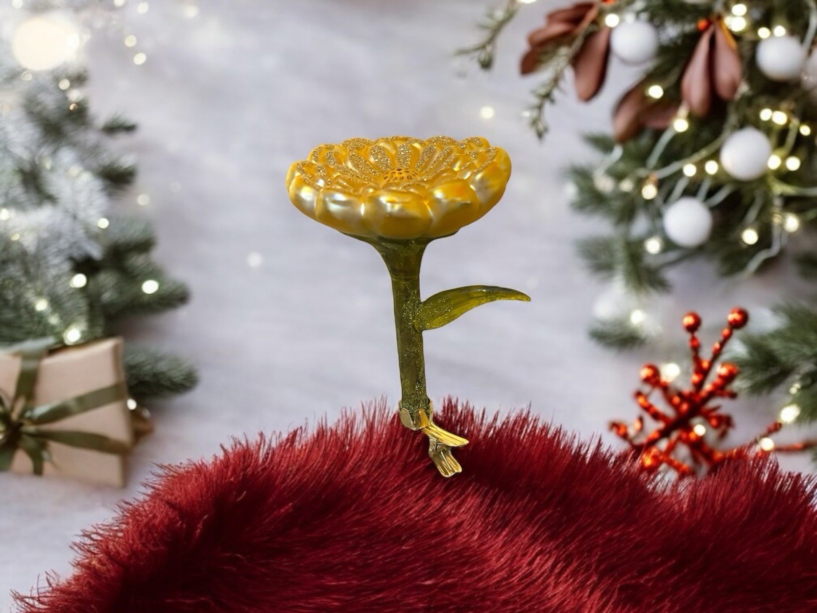 Long Stem Yellow Free:-Blown Molded Flower Ornament w/Clip by Luna Moth - Poland