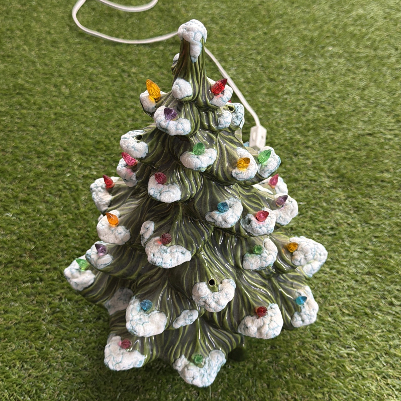 Vintage Green 1975 Ceramic Xmas Tree Snow Capped  12” With Base