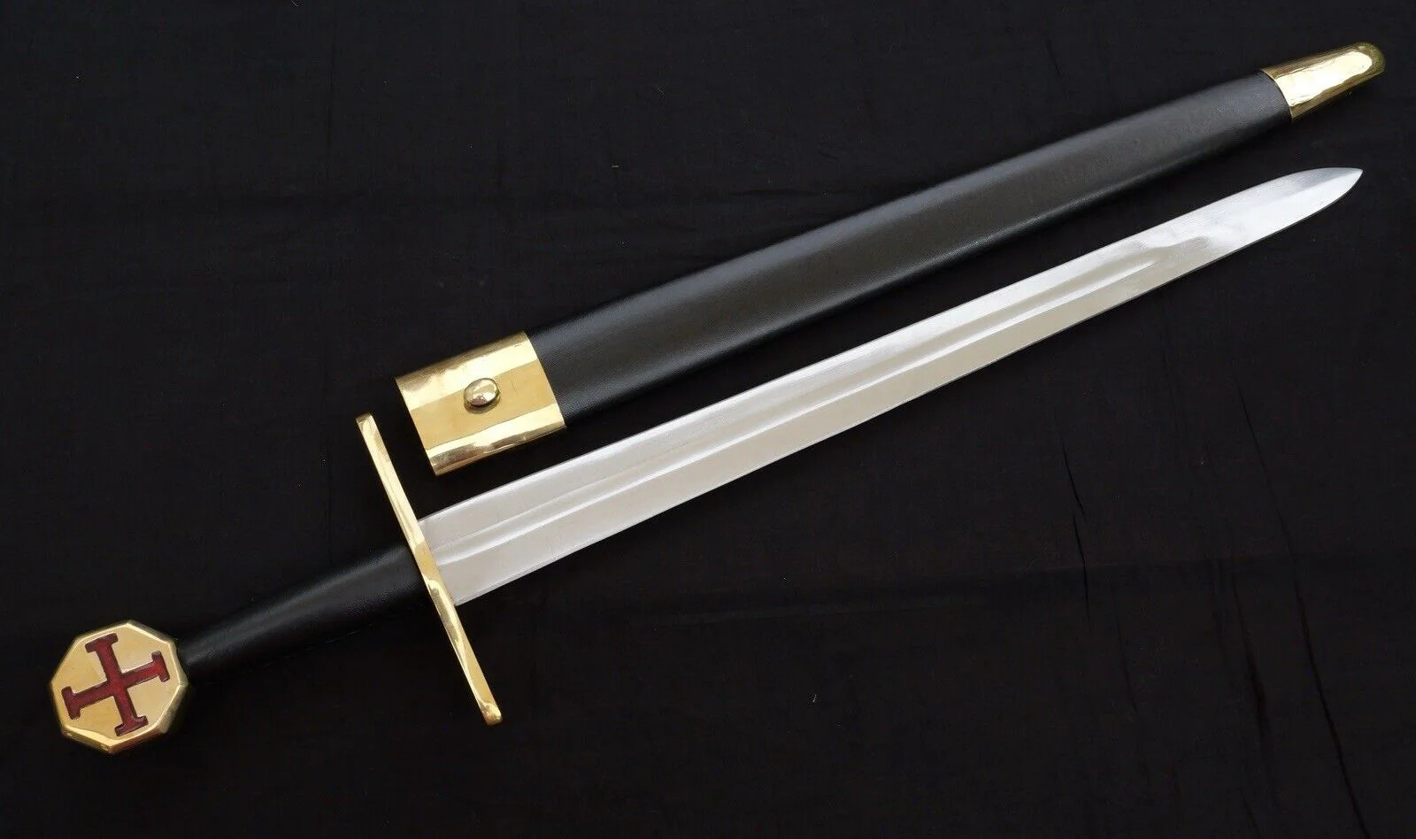 31” Knights Templar Sword Brass Ornate Leather Wrap Sheath Full Tang Double Edge