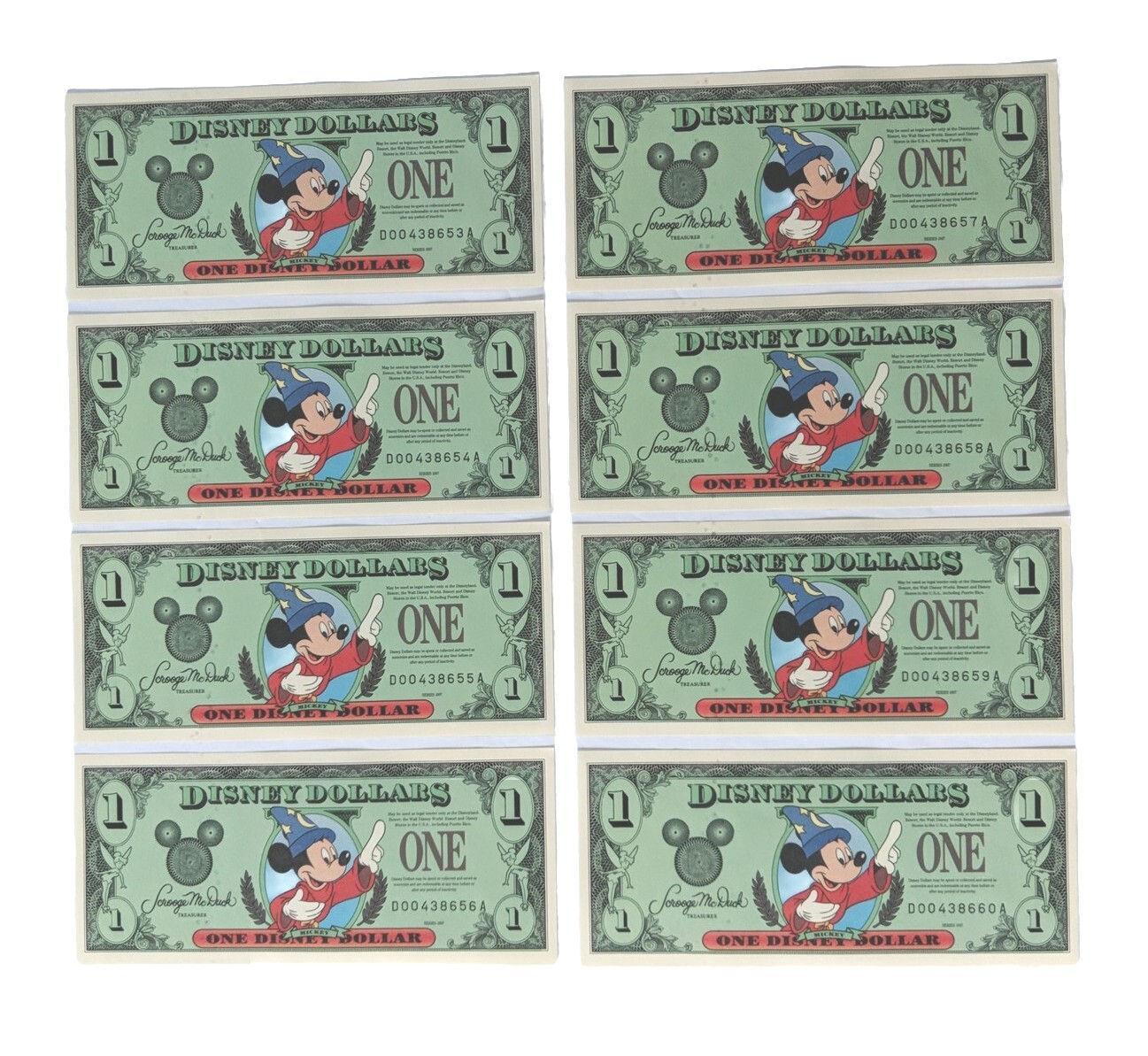 Series 1997 $1 Disney Dollars 8 Consecutive Mickey Fantasia 25th Anniversary WDW