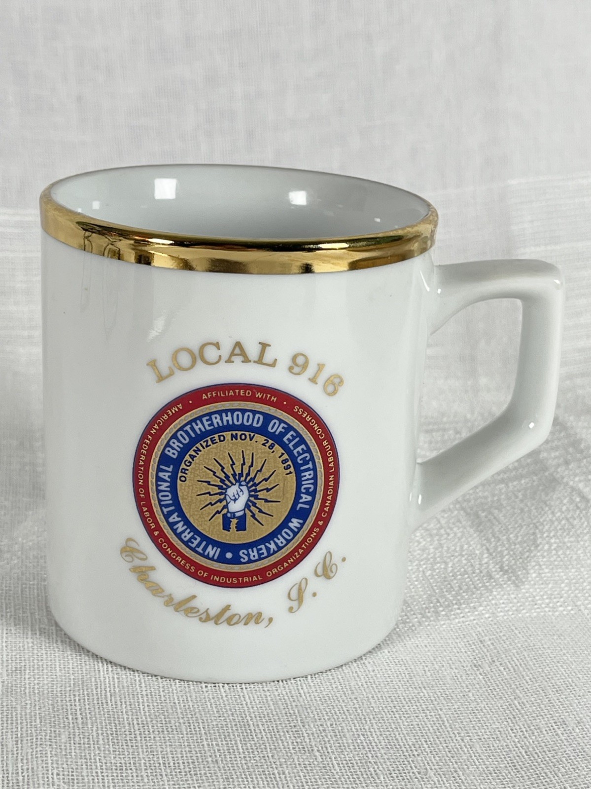 Vintage IBEW Local 916 Charleston SC Coffee Mug Union Electrical Workers Gold 