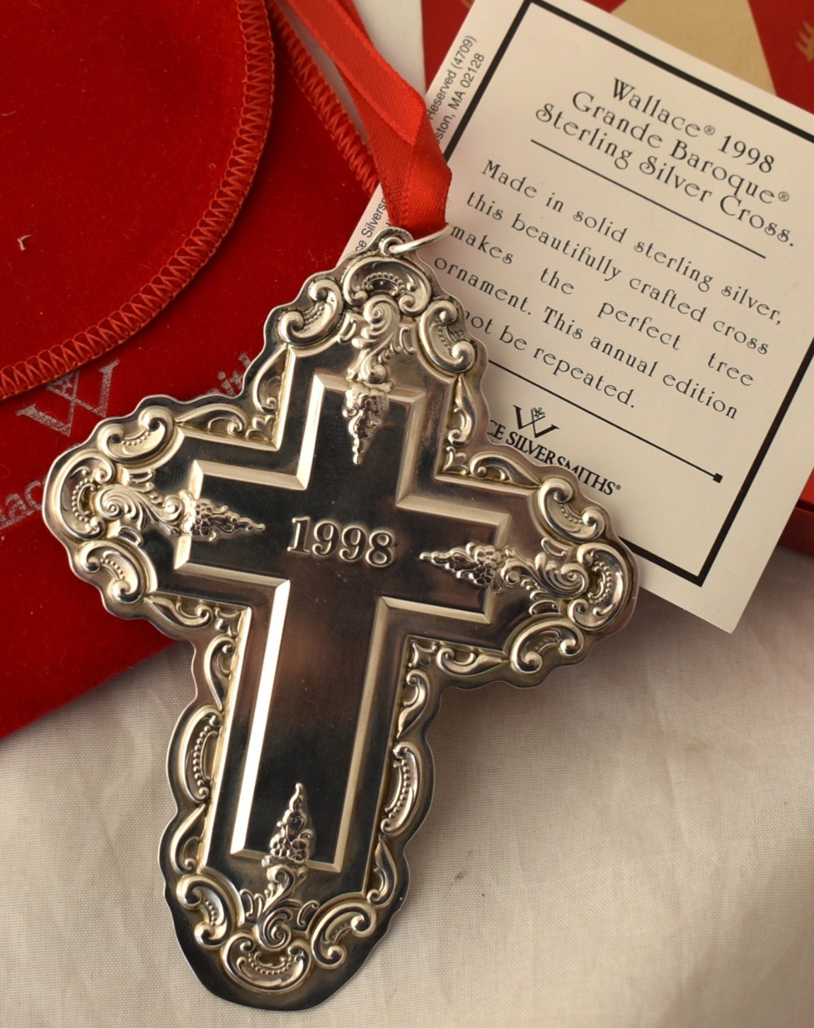 1998 WALLACE Sterling CROSS Christmas ORNAMENT New Old Stock Box GRAND BAROQUE